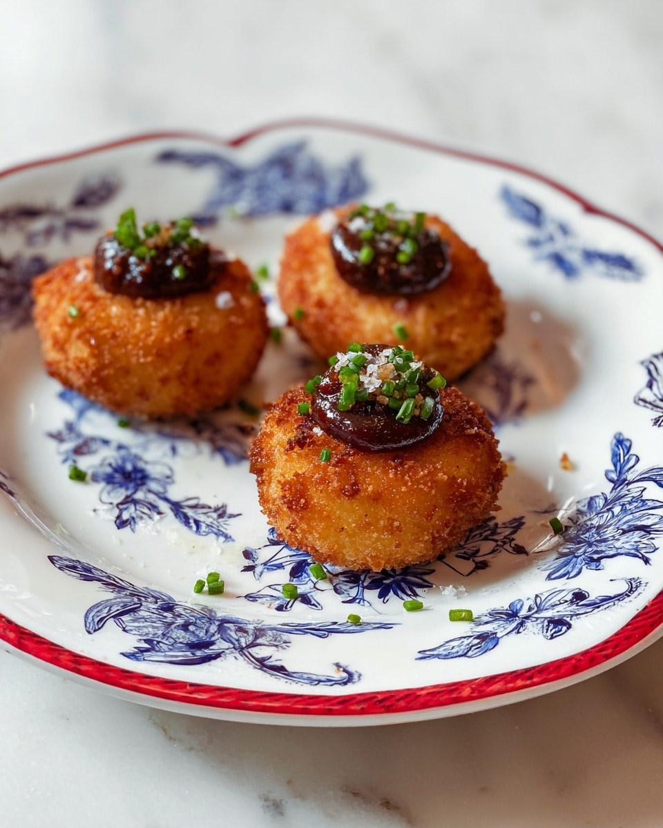 A white plate with a blue floral pattern and a brown scalloped edge holds two golden-brown crispy rounds of fried food. One round is whole, showing its crunchy textured surface, while the other is cut open to reveal a soft, melted creamy white filling inside. The cut piece is topped with a shiny dark brown sauce and small green herbs scattered on top. The plate sits on a white marbled surface with sunlight casting shadows on the food. photo taken with an iphone --ar 4:5 --v 7