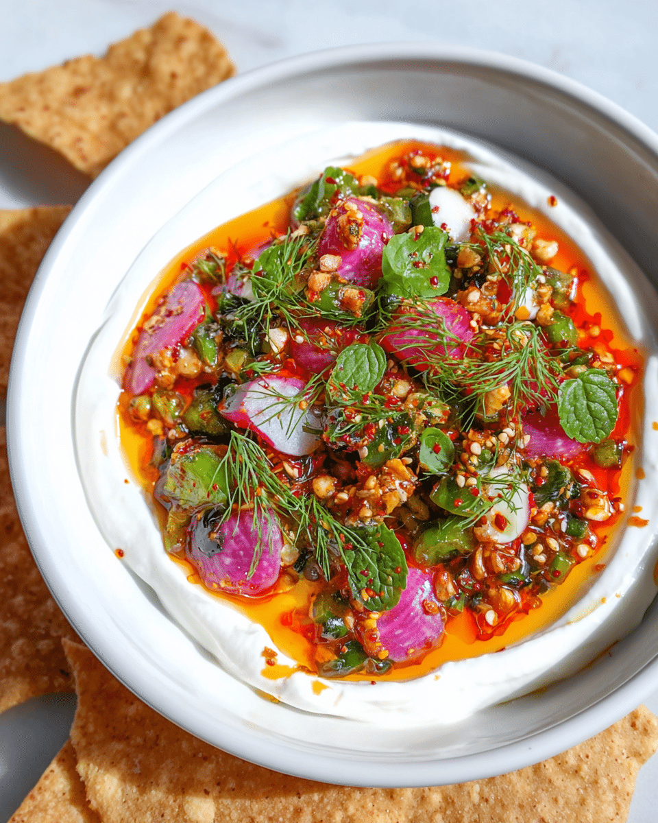 The dish shows a white bowl with a base layer of smooth, creamy white yogurt spread thickly around the bottom edge. On top, there is a colorful mix of small cut vegetables including pink and purple radishes and green peppers, all finely chopped and tossed in a reddish-orange chili oil with visible sesame seeds and finely chopped nuts. Bright green mint leaves and delicate dill sprigs are scattered over the mixture, adding fresh color. The bowl is placed on a white marbled surface, with some tortilla chips partially visible around it. Photo taken with an iphone --ar 4:5 --v 7