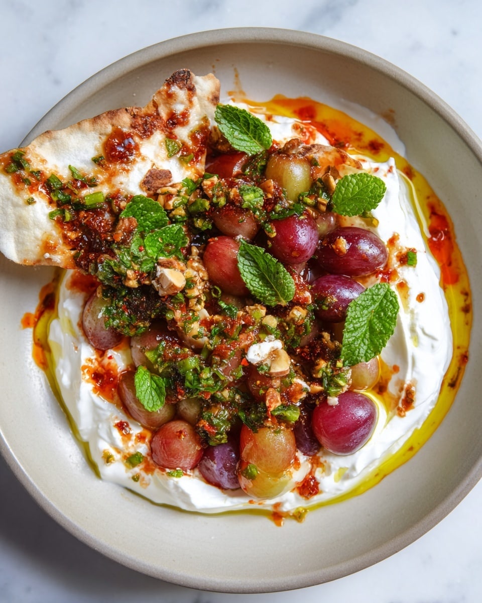 The dish shows a bowl with three main layers: a bottom layer of smooth, white creamy yogurt spread thickly in a circular shape; a middle layer of a colorful mix of halved grapes in shades of red and purple, chopped green herbs, and finely minced garlic and nuts, all coated in an oily, reddish-brown chili sauce drizzled generously; and on top, a large white crisp chip pierced into the yogurt, topped with some of the grape and herb mix, with two small fresh green mint leaves placed near it. The creamy yogurt contrasts with the vibrant colors and textures of the fruit, herbs, and sauce, all set against a white marbled surface. Photo taken with an iphone --ar 4:5 --v 7