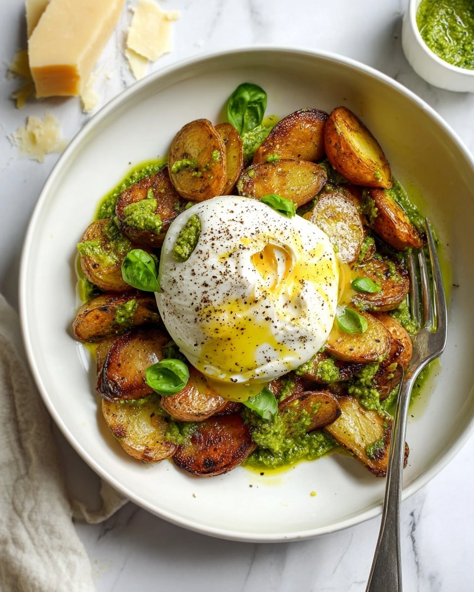 The image shows a white bowl filled with roasted potato wedges layered at the bottom, each piece with a golden brown, crispy skin and char marks. On top of the potatoes, there is a dollop of white, creamy cheese that looks soft and slightly melted, with a drizzle of bright green pesto sauce scattered over it and the potatoes. A few fresh, small green basil leaves are placed around and on the cheese, adding a fresh touch. The bowl sits on a white marbled surface, enhancing the dish’s colors and textures. Photo taken with an iphone --ar 4:5 --v 7