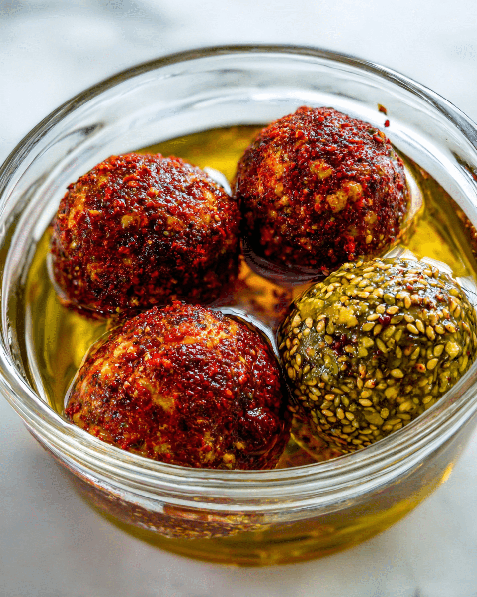 A clear glass bowl holds five round cheese balls covered in two different coatings, sitting in a golden oil. Three of the cheese balls are coated with red spices, giving them a rough, textured red surface with specks of darker and lighter red tones. The other two cheese balls are coated with green herbs and sesame seeds, making them look bumpy and greenish with yellow seed details. The cheese balls are tightly packed together, half submerged in the shiny oil that reflects light softly. The bowl is placed on a white marbled surface. photo taken with an iphone --ar 4:5 --v 7