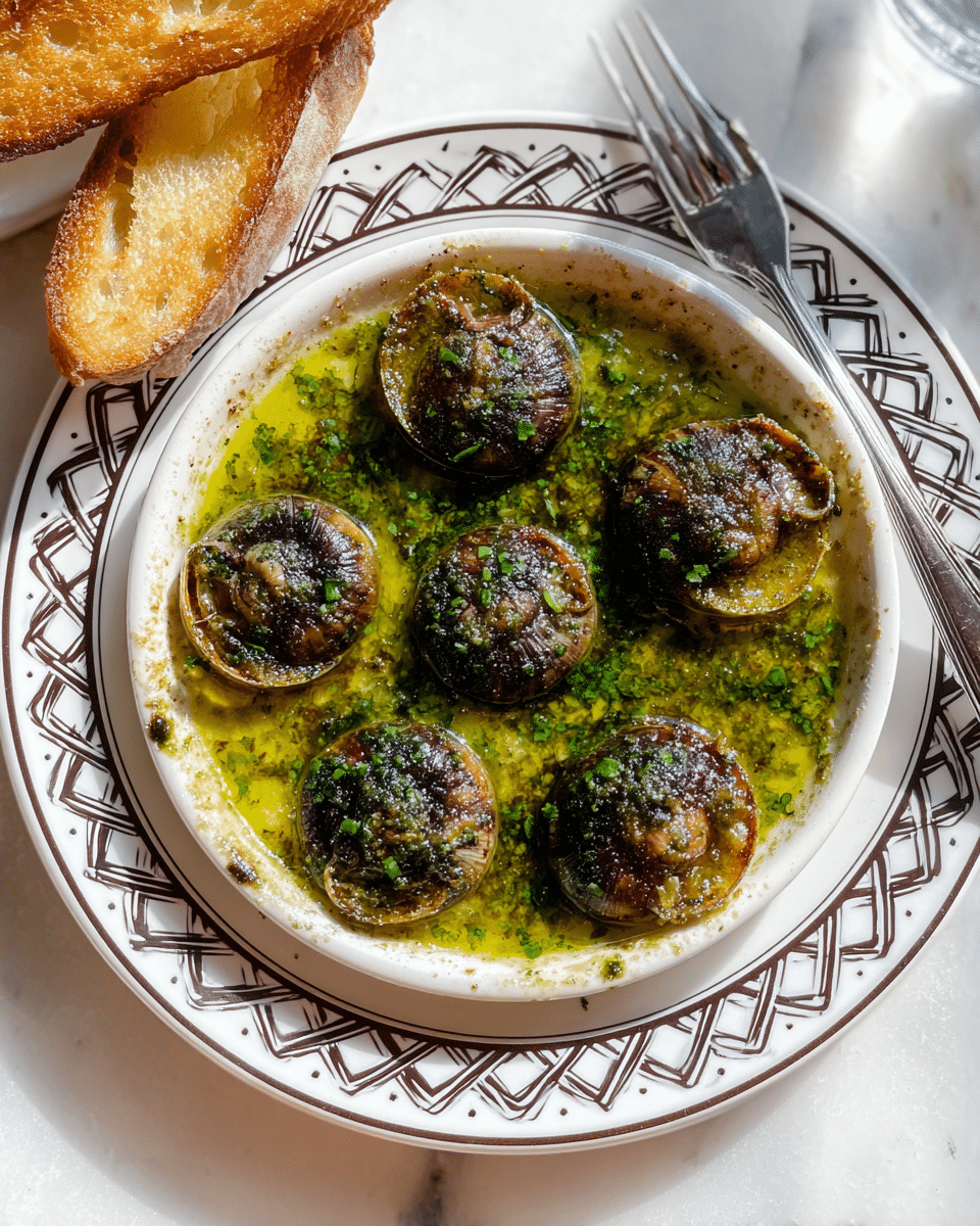 A white round dish with six grilled escargots sitting in small indentations filled with a bubbling golden-green garlic herb butter sauce. Each escargot is dark brown with a slightly rough texture, surrounded by a crispy browned edge where the butter has caramelized. The top of the butter sauce is shiny and oily, sprinkled with finely chopped green herbs. The dish sits on a white plate with a geometric black and brown pattern along the rim, placed on a white marbled surface. A silver fork rests on the right side of the plate, and a piece of toasted bread with a golden crust is partially visible at the top. Photo taken with an iphone --ar 4:5 --v 7