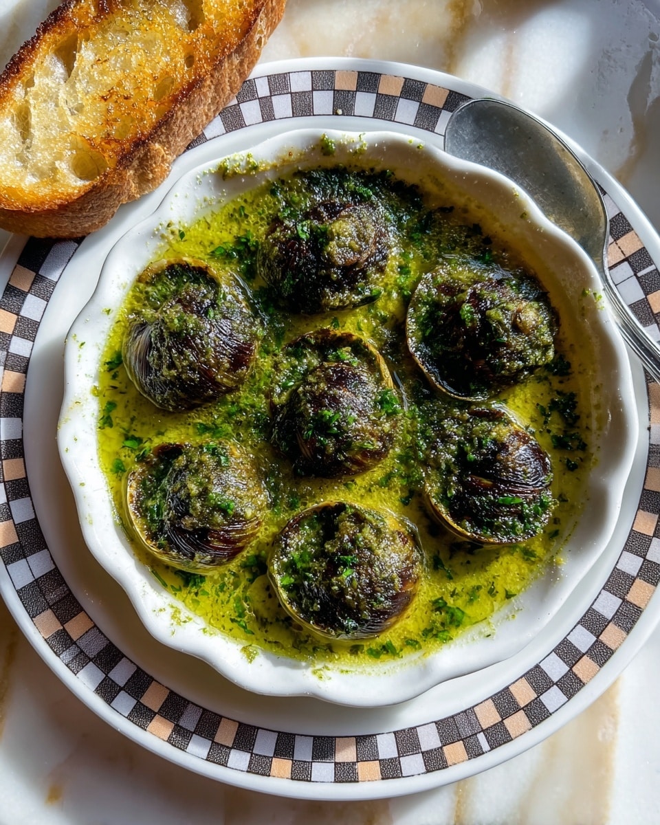 The image shows a white round dish with six individual cooked escargots arranged in a circle, each sitting in a small pocket filled with bright green, bubbling herb and garlic butter sauce that has browned edges. The escargots are dark and textured, topped with finely chopped fresh green parsley or chives, adding specks of vivid green on the surface. The dish is placed on a white plate with a checkered border pattern in black, gray, and beige tones and a silver spoon on the right side inside the dish. In the background, there is a slice of toasted bread with a golden-brown crust, lying on a white marbled surface. Photo taken with an iphone --ar 4:5 --v 7