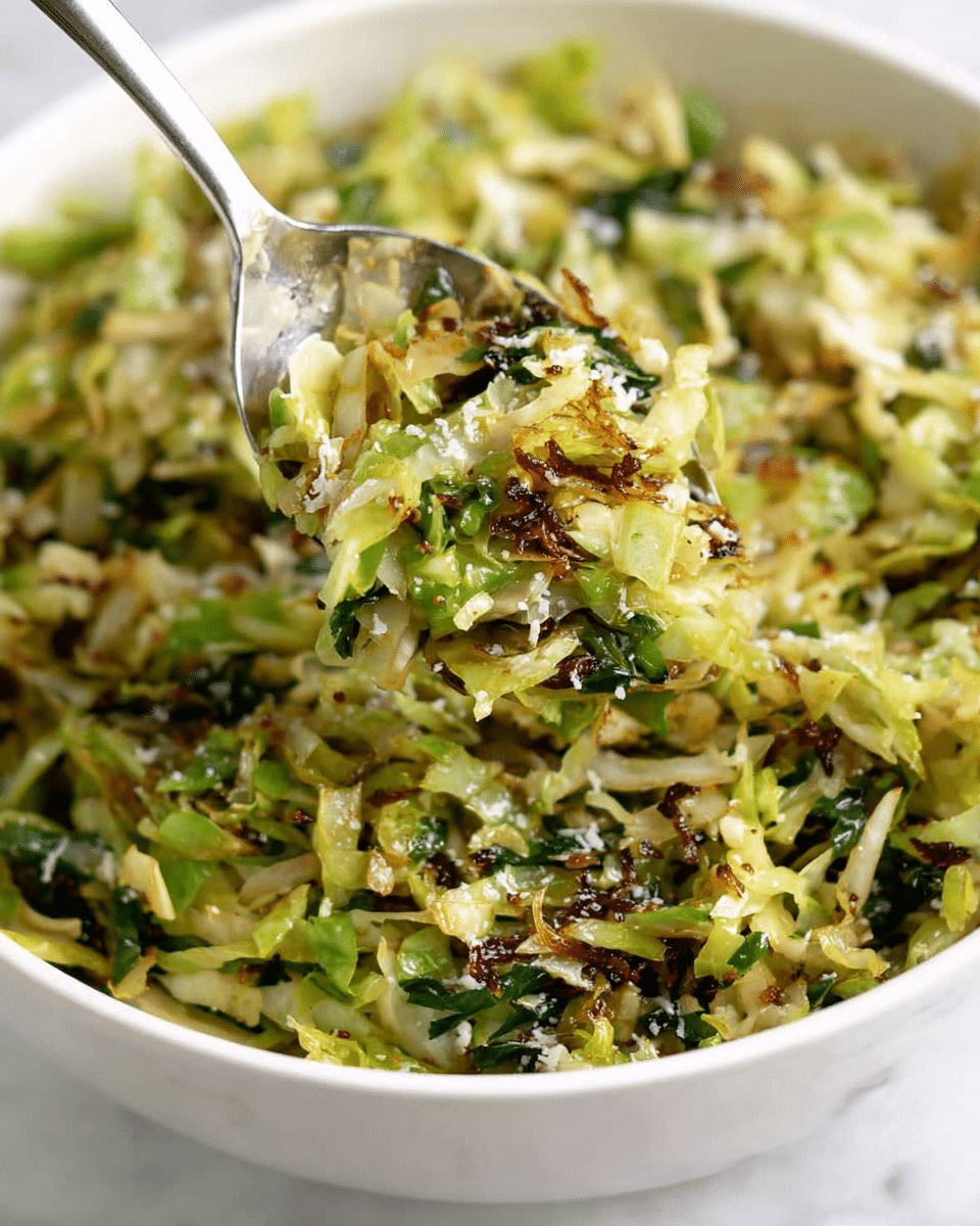 A close-up view of a white bowl filled with cooked shredded green cabbage mixed with bits of leafy greens and small bits of caramelized brown edges. The cabbage looks soft, with a few darker browned spots that show it is roasted or sautéed. Some tiny white bits, likely grated cheese, are sprinkled on top, creating a slightly textured look. A spoon is scooping a serving from the bowl, showing a mix of bright green, light yellow, and dark brown colors. The background is a white marbled texture. Photo taken with an iphone --ar 4:5 --v 7
