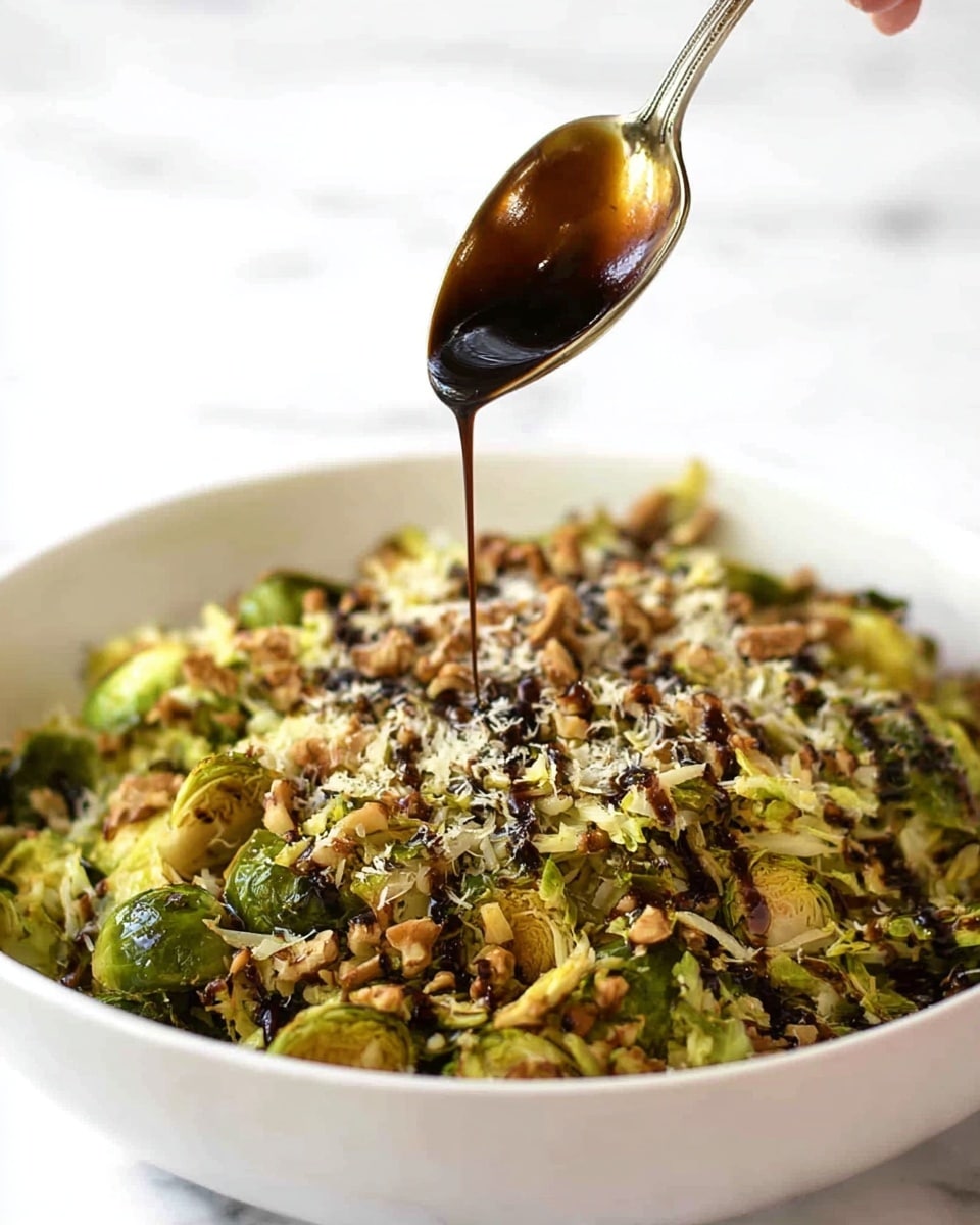 The image shows a close-up of a white bowl filled with cooked shredded brussels sprouts that have toasted golden and green shades, mixed with small bits of walnuts and grated cheese on top. Above the bowl, a spoon held by a woman's hand drizzles thick, dark brown balsamic glaze onto the brussels sprouts, creating a shiny ribbon of sauce just touching the top layer. The background is a white marbled texture, keeping the focus on the textured and colorful dish. Photo taken with an iphone --ar 4:5 --v 7