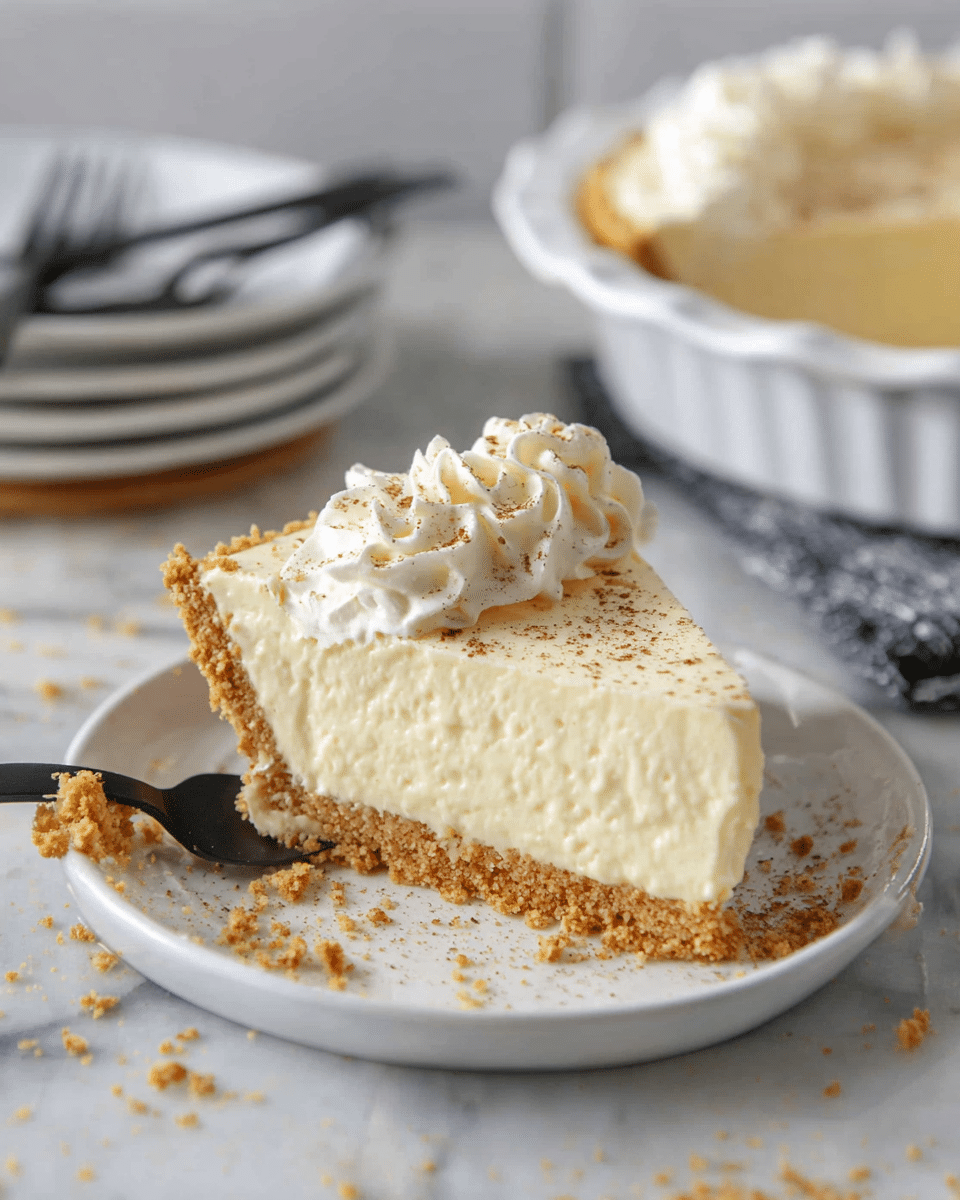 A slice of creamy pie with two layers sits on a white plate with crumbs scattered around. The bottom layer is a thin, golden crumbly crust, and the thicker top layer is pale yellow with a smooth, soft texture. A swirl of white whipped cream sits on top, lightly dusted with brown spice. A black fork near the slice holds a small piece of the pie. In the background, there is a white pie dish with the rest of the pie and a stack of white plates with a fork and another slice of pie. The surface is a white marbled texture. photo taken with an iphone --ar 4:5 --v 7