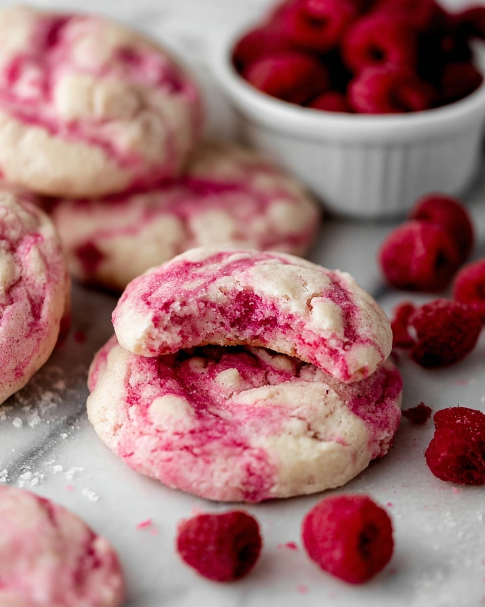 The image shows several soft cookies with a light pink base mixed with deeper pink swirls and spots, looking moist and chewy. One cookie at the center has a bite taken out, revealing a soft, crumbly inside with the same pink mix. Around the cookies are scattered pieces of bright red raspberries, and a white bowl in the background holds more raspberries. All items rest on a surface with a white marbled texture. The overall feel is fresh and fruity, with the cookies appearing thick and homemade. photo taken with an iphone --ar 4:5 --v 7