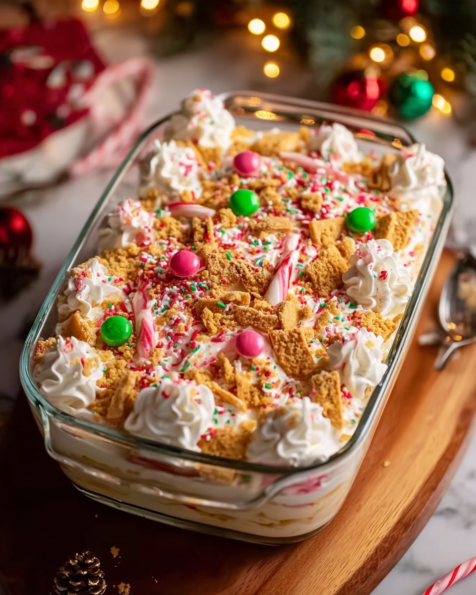 A clear glass rectangular dish filled with a layered dessert sits on a white marbled surface. The top visible layer is white whipped cream dolloped generously across the surface, decorated with colorful red, green, and pink round sprinkles, thin candy cane pieces with red and white stripes, and light brown cookie crumbs scattered unevenly. There are also cream-colored star-shaped cookie pieces and small swirls of whipped cream adding texture and height to the dessert. The scene is warm with soft holiday lights and pine decorations blurred in the background. Photo taken with an iphone --ar 4:5 --v 7