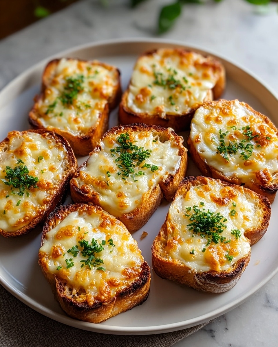 A white plate holds seven pieces of toasted bread, each topped with a thick layer of melted, golden-brown cheese with slightly crispy edges. On top of the cheese is a sprinkle of finely chopped green herbs, adding a fresh contrast to the warm cheese. The bread's edges are nicely browned and slightly raised, and the cheese has a gooey texture with some bubbly spots. The plate is set on a white marbled surface, and soft natural light highlights the appetizing details. Photo taken with an iphone --ar 4:5 --v 7