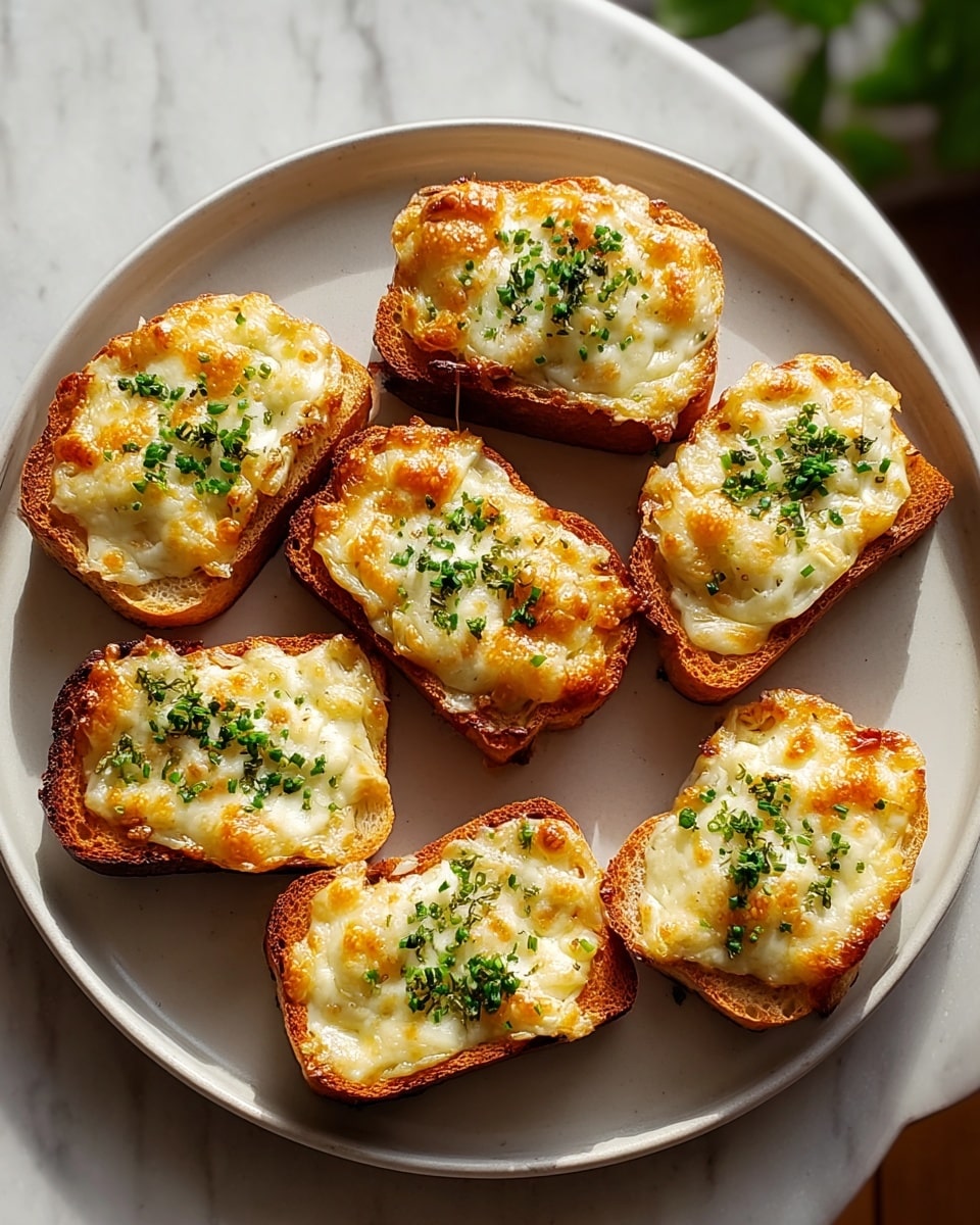 Seven pieces of toasted bread are arranged neatly on a round white plate with a slight rim. Each slice has two visible layers: the base is golden-brown toasted bread with a crisp texture on the edges, and the top layer is melted, bubbly cheese that has browned slightly in spots, giving a warm, inviting look. Small bits of green herbs are sprinkled evenly on top of the cheese, adding a fresh touch. The plate is resting on a white marbled surface with soft natural light coming from the side, creating gentle shadows and highlighting the textures. photo taken with an iphone --ar 4:5 --v 7
