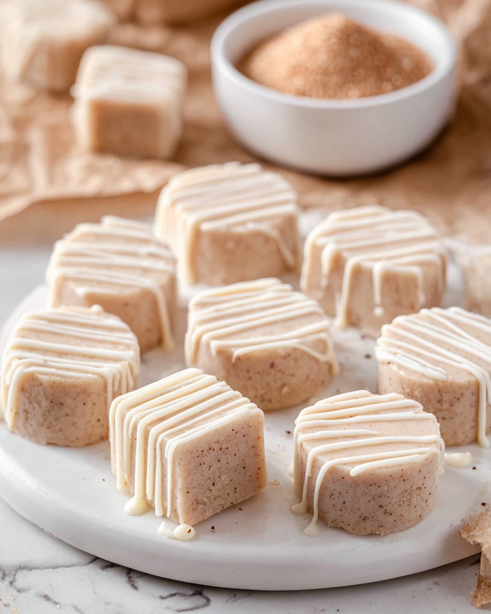 The image shows several small, pale beige squares and circles of a soft dessert on a white plate, each topped with thin, white icing drizzles in straight lines, some dripping slightly down the sides. The treats have a smooth texture with tiny specks inside, giving a subtle grainy look. In the background, a white bowl filled with light brown sugar is partially visible, resting on brown parchment paper. The surface beneath everything has a white marbled texture. The overall scene highlights a light, sweet treat arranged neatly, with warm and soft lighting creating a cozy feel. photo taken with an iphone --ar 4:5 --v 7