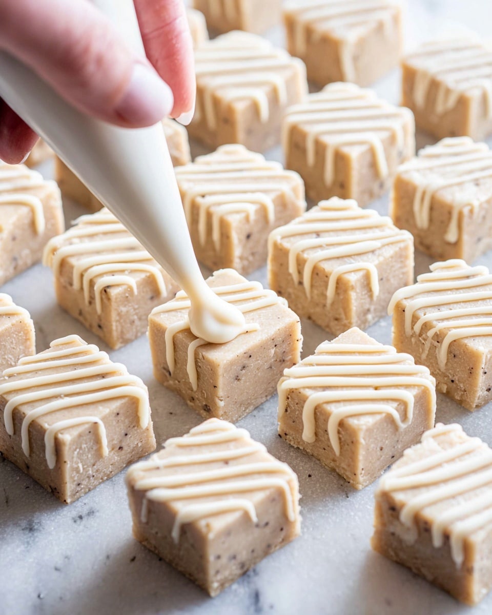 The image shows a close-up of small square pieces of a light beige fudge arranged in rows on a white marbled surface. Each piece has a smooth, dense texture with tiny specks visible inside. A woman's hand is holding a piping bag with white icing, delicately drizzling thin, creamy diagonal lines across the top of each fudge square. The frosting is glossy and adds a soft contrast to the matte fudge beneath it, creating a neat and appetizing pattern. Photo taken with an iphone --ar 4:5 --v 7