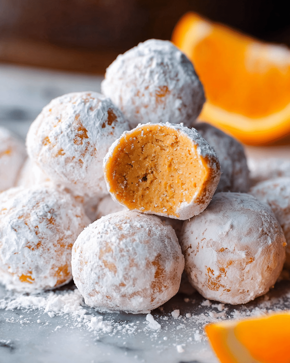 The image shows a pile of small round truffles covered in white powdered sugar, creating a rough textured exterior with hints of orange visible through the coating. One truffle is broken open and placed on top, revealing a solid, smooth, creamy orange inside with a slightly crumbly texture. The truffles are set on a white marbled surface dusted with extra powdered sugar, with blurred slices of orange in the background adding a bright contrasting color. photo taken with an iphone --ar 4:5 --v 7