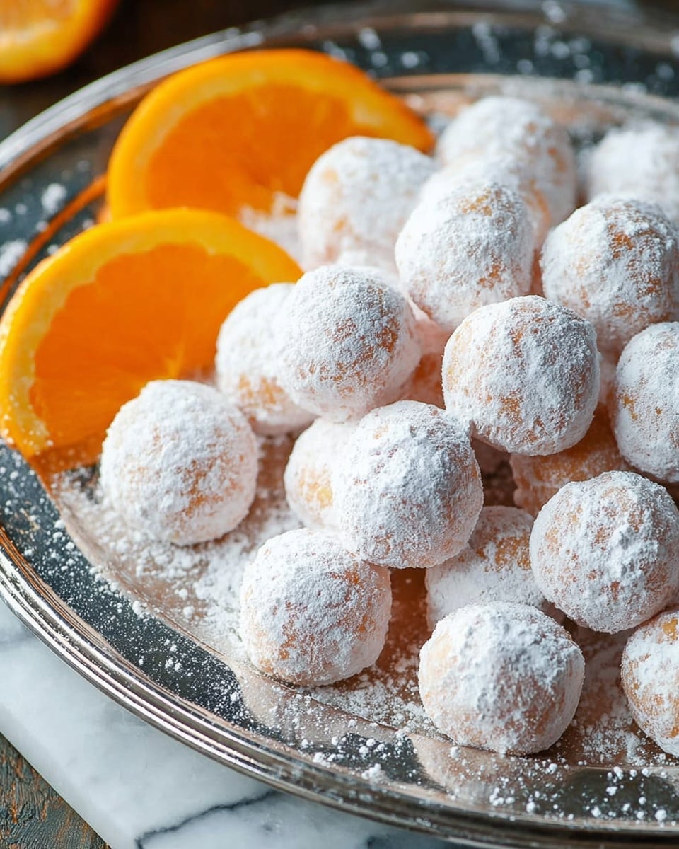 A shiny silver tray holds about twenty small, round orange balls lightly dusted with a thick layer of white powdered sugar, giving them a soft, snowy look. Two fresh orange wedges with bright, juicy flesh and smooth skin rest at the back of the tray, adding a vibrant pop of color. The surface beneath the tray is a white marbled texture. Photo taken with an iphone --ar 4:5 --v 7