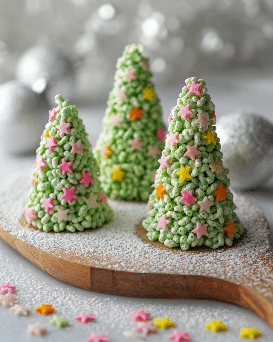 Three green Christmas tree-shaped treats made from puffed cereal are standing on a wooden board dusted with white powdered sugar. Each tree is decorated with small pastel star-shaped sprinkles in pink, yellow, orange, and green. More colorful star sprinkles are scattered around the base on the board and white marbled surface. In the blurry background, there are three large silver Christmas ball ornaments, adding a festive feel. The texture of the trees is crunchy and detailed by the cereal pieces tightly packed together. photo taken with an iphone --ar 4:5 --v 7