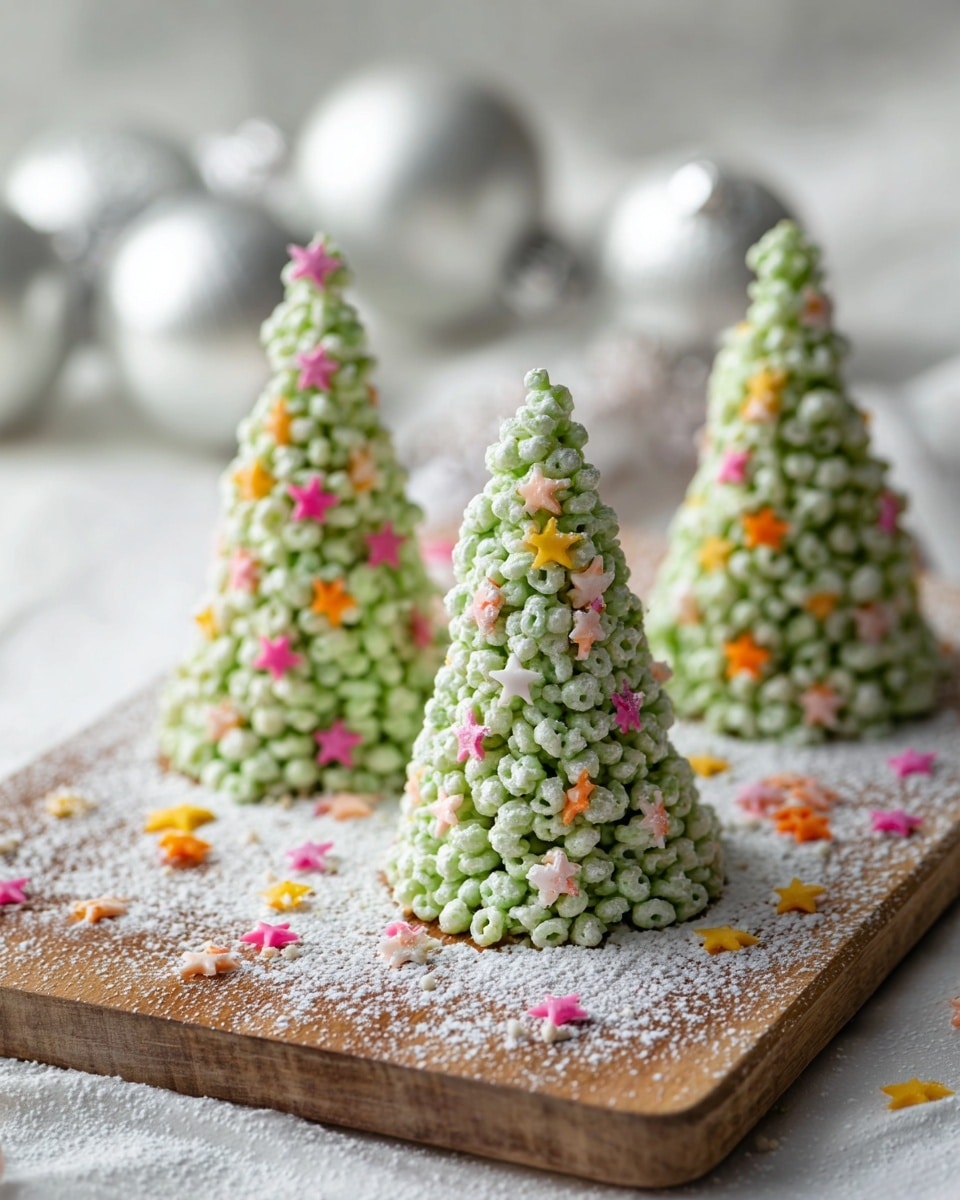 Three small cone-shaped treats that look like Christmas trees are placed on a wooden board over a white marbled texture. Each cone is made of tightly packed pale green cereal pieces dusted lightly with white powdered sugar to give a snowy effect. Small, colorful star-shaped sprinkles in pink, yellow, and orange are scattered all over the cones and the board around them, adding bright pops of color. In the blurry background, there are silver and white round Christmas ornaments, enhancing the festive feeling. photo taken with an iphone --ar 4:5 --v 7