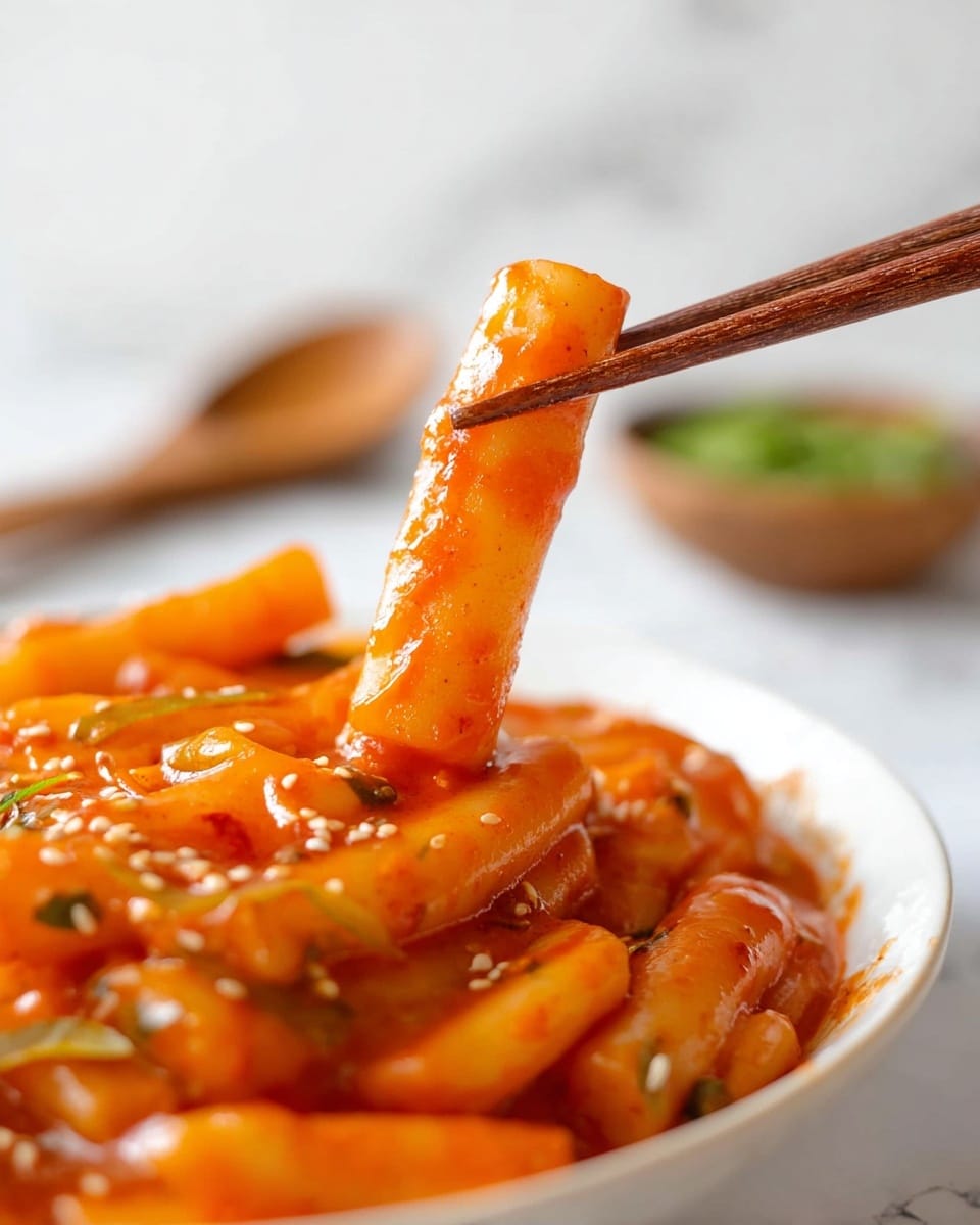 The image shows two thick white rice cake tubes covered in a shiny, bright orange spicy sauce, held by brown wooden chopsticks in the foreground. In the background, there is a white bowl filled with many more rice cakes completely coated in the same vibrant orange sauce with visible sesame seeds scattered throughout, sitting on a white marbled surface. The sauce looks glossy and smooth, and the rice cakes have a soft, smooth texture with some small herbs mixed in the sauce. A blurred wooden spoon and a small bowl of green garnish are also visible in the background. photo taken with an iphone --ar 4:5 --v 7