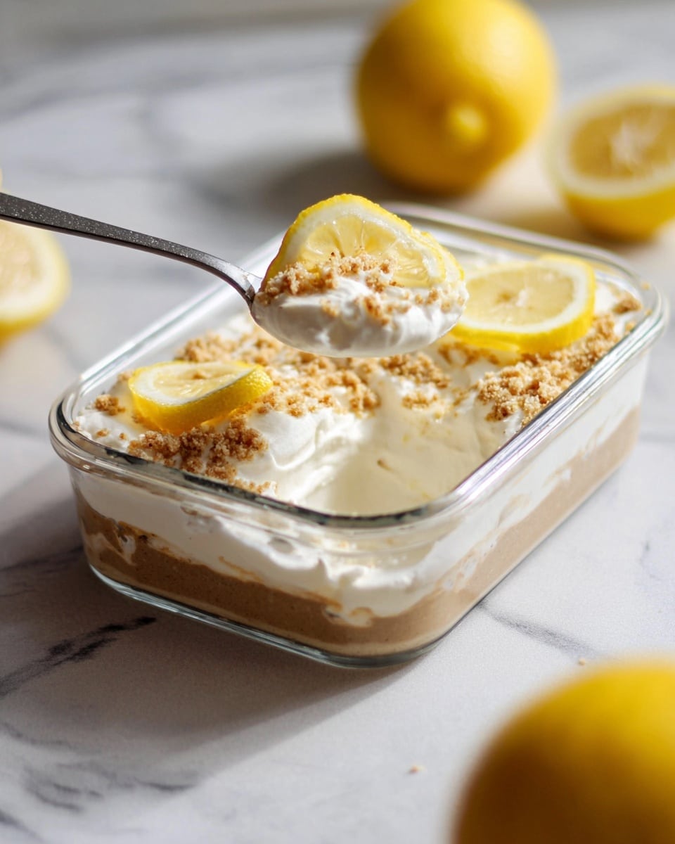 A small glass rectangular dish holds a dessert with three visible layers: the bottom layer is a light brown creamy mixture, the middle layer is smooth white whipped cream, and the top layer has crumbly bits sprinkled around the edges. Two thin lemon slices rest on the whipped cream at the top right side, adding a bright yellow color. A spoon is scooping into the dessert, showing the layered texture inside. The dish is placed on a white marbled surface, with part of a halved lemon in the background and a lemon slice slightly out of focus on the bottom right corner. Photo taken with an iphone --ar 4:5 --v 7