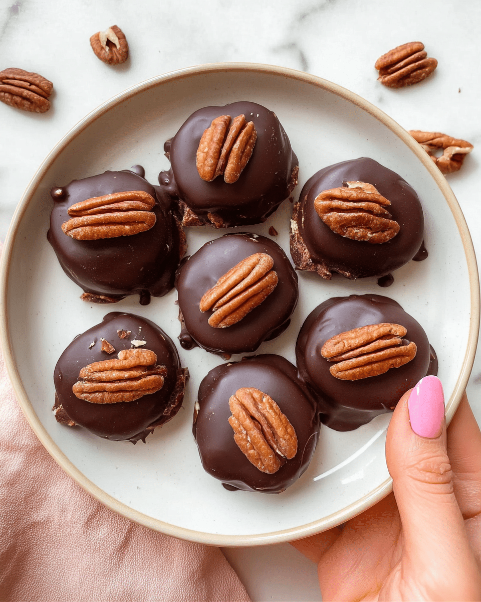 A round white plate holds seven chocolate-covered treats arranged loosely, each topped with a pecan half. The treats are smooth and glossy with slight melting or drip edges around the bottom, showing a thick layer of dark chocolate coating that envelops the base. The pecans on top vary slightly in size and shape, adding a textured brown contrast to the dark chocolate. The plate is held by a woman's hand with a soft pink nail polish, set against a white marbled surface scattered with a few small pecan pieces. Photo taken with an iphone --ar 4:5 --v 7