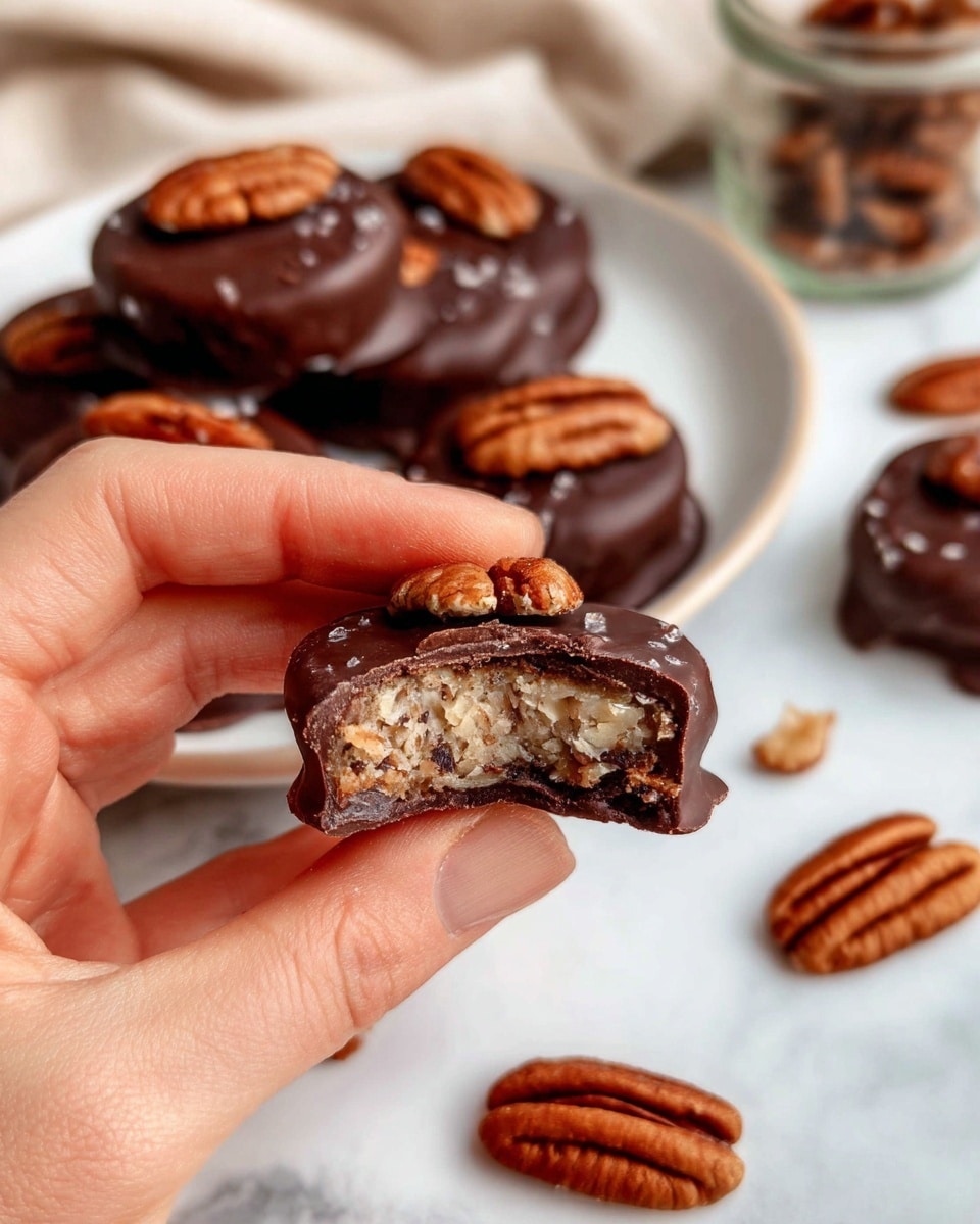 A close-up image shows a woman's hand holding a small round chocolate-covered treat with a bite taken out, revealing a layered inside of light brown nutty filling mixed with bits and a dark chocolate layer around it. The top has a whole pecan nut pressed into the chocolate. In the background, there is a white plate with several more of the same treats, each topped with a pecan, placed on a white marbled surface. To the side, some pecans are scattered near a glass jar laying on its side. The colors mainly include dark brown for the chocolate, light brown for the nut filling, and the warm brown of the pecans, all set against the white plate and white marbled surface. Photo taken with an iphone --ar 4:5 --v 7