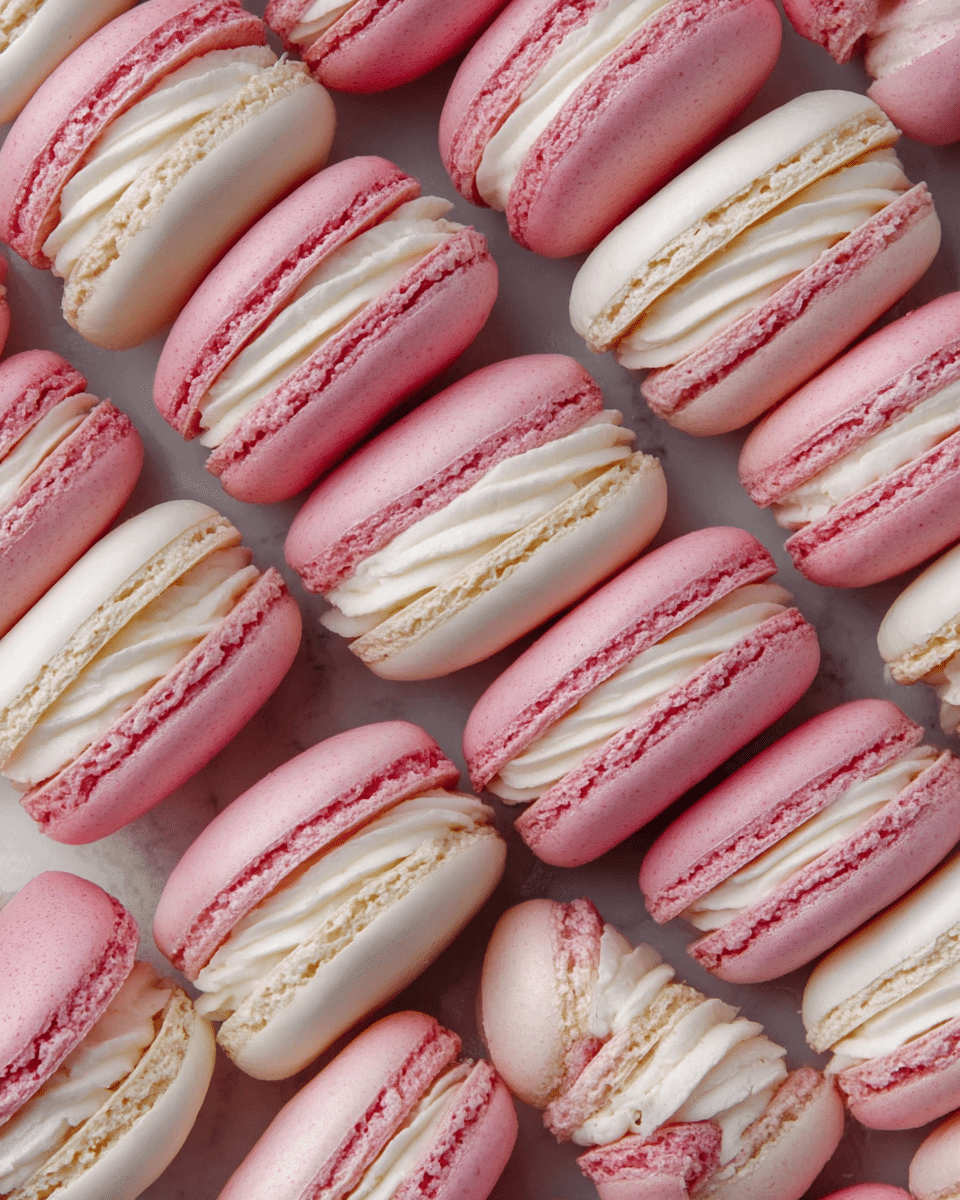 The image shows many small round macarons placed closely together on a white marbled surface. Each macaron has two smooth, slightly domed shells, either soft pink or light cream in color, with a fine textured edge called the foot. Between the shells is a creamy white filling layer, smooth and thick, sandwiched evenly in the center. The macarons are arranged in a way that their edges touch, creating a pattern of alternating pink and cream colors. The surface is bright and clean, enhancing the soft pastel colors of the macarons. photo taken with an iphone --ar 4:5 --v 7