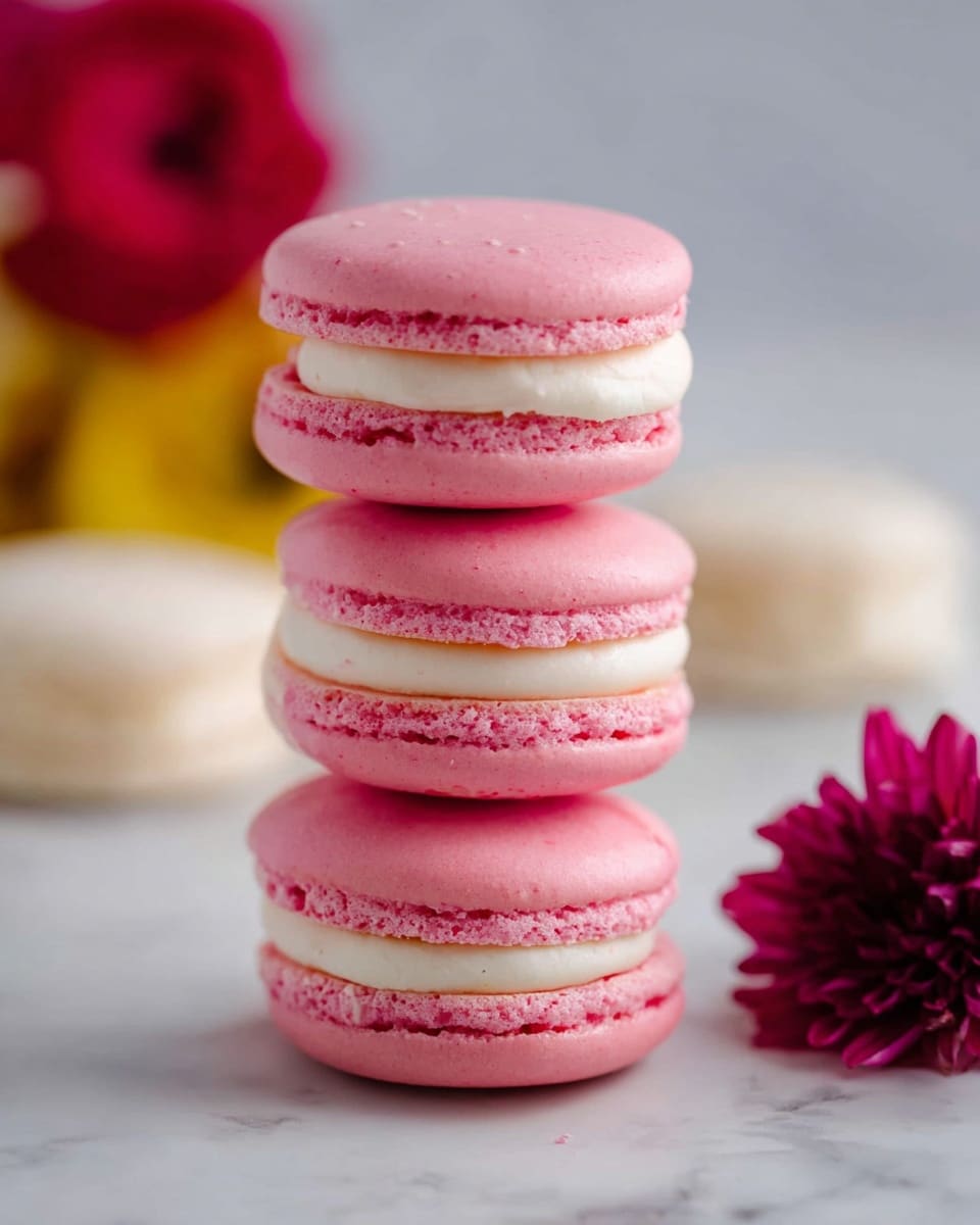 A stack of three pink macarons is shown, each with a smooth, shiny top and slightly rough edges characteristic of macarons, filled with a creamy white layer in the middle. The macarons are neatly stacked on a white marbled surface with a blurred background featuring soft red and yellow flowers, and two white macarons out of focus in the distance. A deep pink flower lies to the right of the stack, adding a touch of contrasting color. photo taken with an iphone --ar 4:5 --v 7