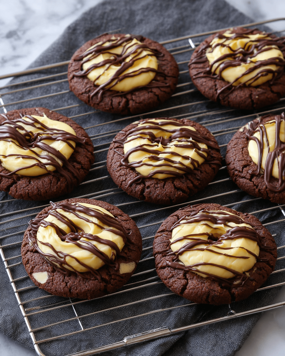 Six round chocolate cookies with a rough texture form the bottom layer, each topped with a swirl of smooth, light yellow cream in the center. Dark chocolate drizzle decorates the cream, creating thin, uneven lines over the cream and some spilling onto the cookie base. The cookies are arranged on a silver cooling rack placed over a dark grey cloth, all set on a white marbled surface. photo taken with an iphone --ar 4:5 --v 7