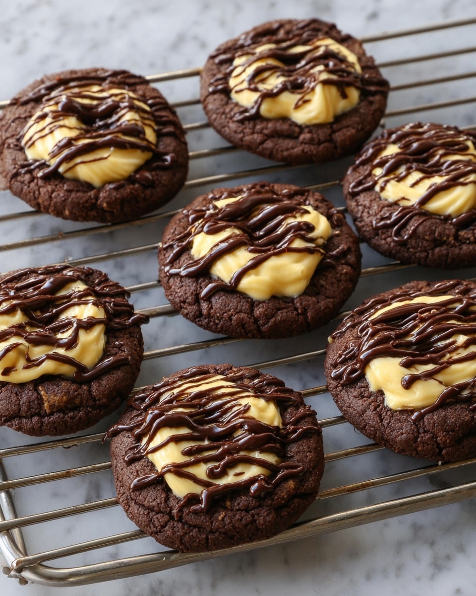 Six round chocolate cookies are placed on a metal cooling rack over a white marbled surface. Each cookie has two clear layers: a dark brown, slightly rough textured cookie base and a pale yellow swirl cream layer on top. The cream is piped in a circular pattern, and rich dark chocolate sauce is drizzled in thin lines over the yellow cream, adding a glossy contrast. The cookies look soft and thick, with an inviting homemade style. photo taken with an iphone --ar 4:5 --v 7