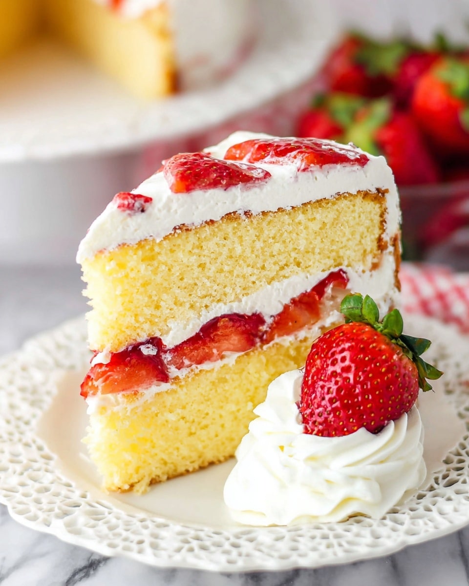 A slice of strawberry shortcake with two layers of soft yellow cake separated by a thick layer of white whipped cream and fresh sliced red strawberries. The top of the cake slice also has a layer of whipped cream with strawberry pieces embedded on it. The slice sits on a white plate with a lace-like edge, and a swirl of whipped cream with a strawberry piece is placed beside the cake on the plate. In the background, there is a blurred bowl of whole strawberries and a white marbled surface. photo taken with an iphone --ar 4:5 --v 7