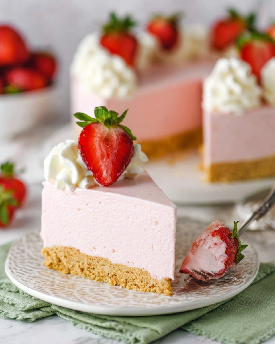 A close-up of a slice of pink strawberry cheesecake on a white plate with a patterned edge, showing two distinct layers: a light golden crumbly crust on the bottom and a thick, smooth, and creamy pink cheesecake layer on top. The cheesecake is decorated with two small swirls of white whipped cream, each topped with a fresh half strawberry with green leaves attached. Next to the slice is a silver fork holding a small piece of the cheesecake. In the background, part of the whole cake topped with whipped cream and strawberry halves is visible, along with a bowl filled with whole fresh strawberries, all set on a white marbled surface with a folded green cloth underneath the plate. Photo taken with an iphone --ar 4:5 --v 7
