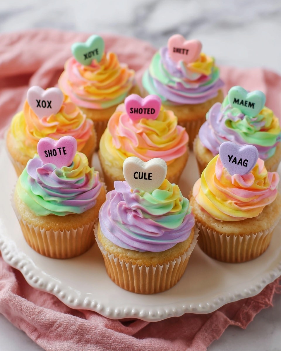 The image shows seven vanilla cupcakes with thick, multi-colored swirled frosting made of pastel pink, yellow, green, orange, and purple layers, giving a soft and fluffy texture. Each cupcake is topped with small, candy hearts that have words like “XOXO,” “SWEET,” “CALL ME,” “LOVE,” “CUTIE,” “HUG ME,” and “YAAAS” written on them in black. The cupcakes sit closely together on a white plate with a scalloped edge, which is placed on a white marbled surface with a soft pink cloth underneath. The frosting looks creamy and slightly glossy, and the cake beneath is golden brown with a smooth texture. Photo taken with an iphone --ar 4:5 --v 7