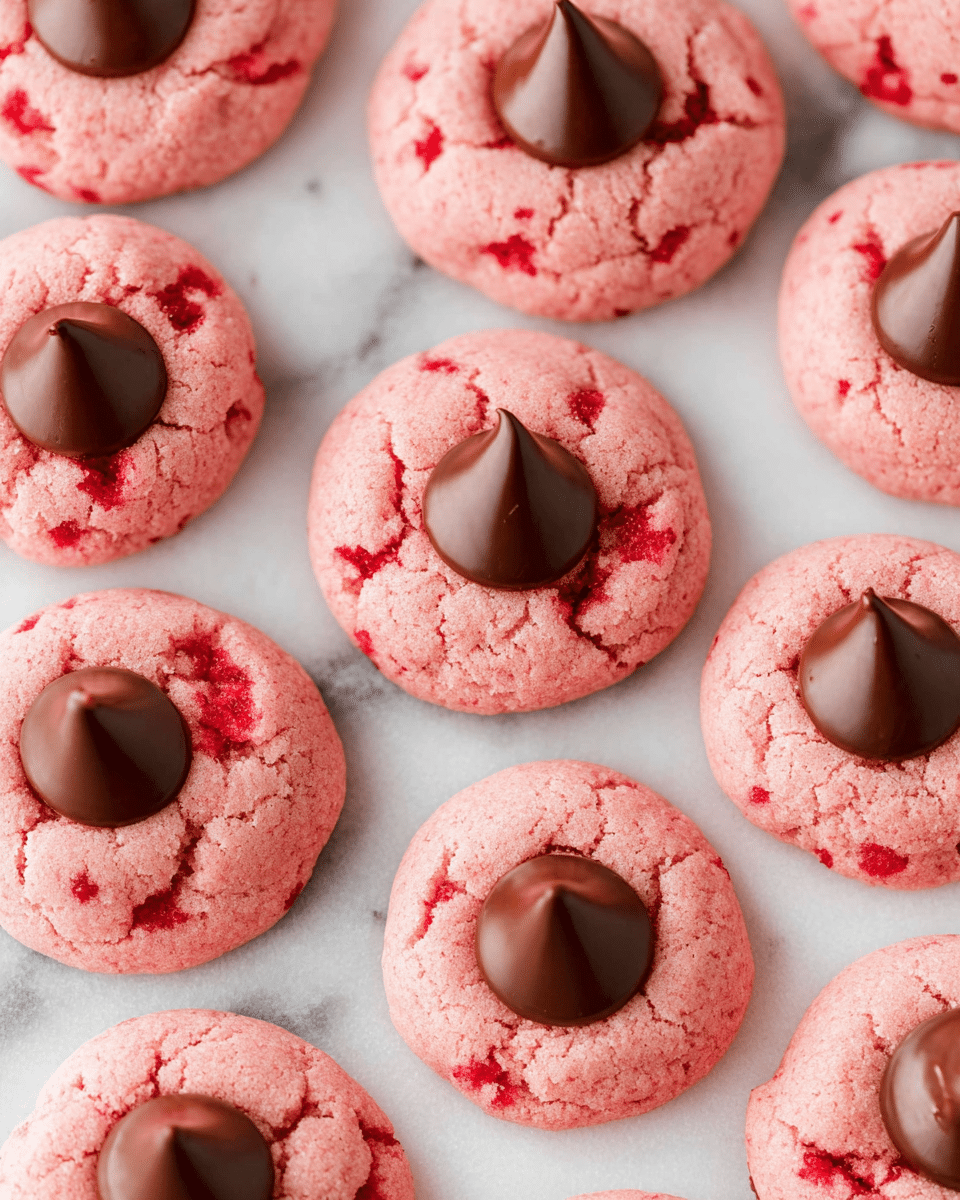 The image shows multiple round, pink cookies with a soft, slightly cracked texture spread out over a white marbled surface. Each cookie has small red bits mixed inside the dough, giving a speckled appearance. On the top center of every cookie, there is a single, smooth, dark brown chocolate drop, shaped like a teardrop with a pointed tip. The cookies are evenly spaced and are similarly sized, creating a uniform look across the image. Photo taken with an iphone --ar 4:5 --v 7
