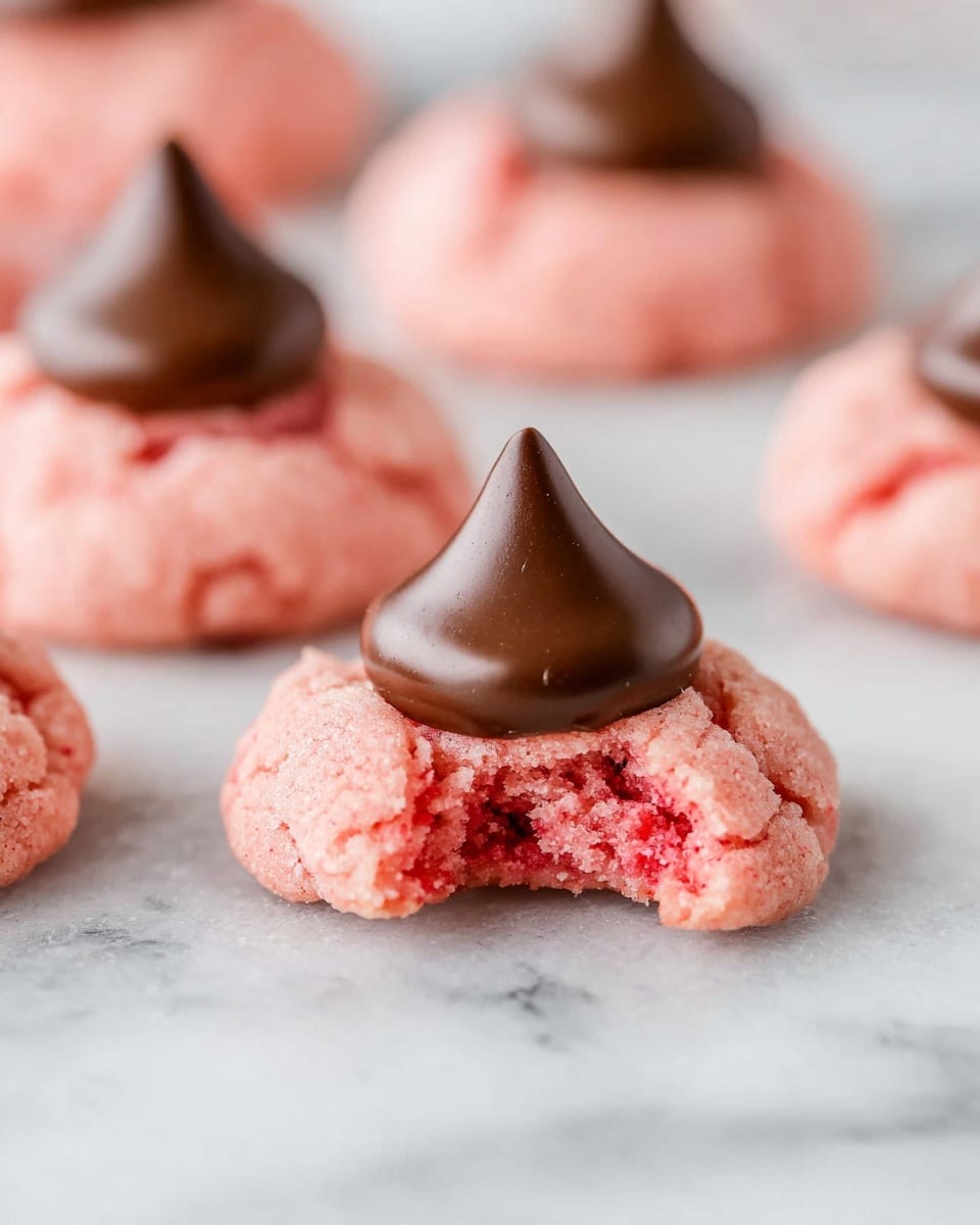 The image shows several small cookies with a base layer of soft, pink dough that has a slightly crumbly texture and some darker red spots mixed in. Each cookie has a single large, dark brown chocolate kiss placed upright in the center, creating a pointed peak. One cookie in the foreground is partially bitten, revealing the fluffy, moist inside of the pink dough contrasted against the smooth, solid chocolate kiss. The cookies sit directly on a white marbled surface with a soft, clean look. photo taken with an iphone --ar 4:5 --v 7