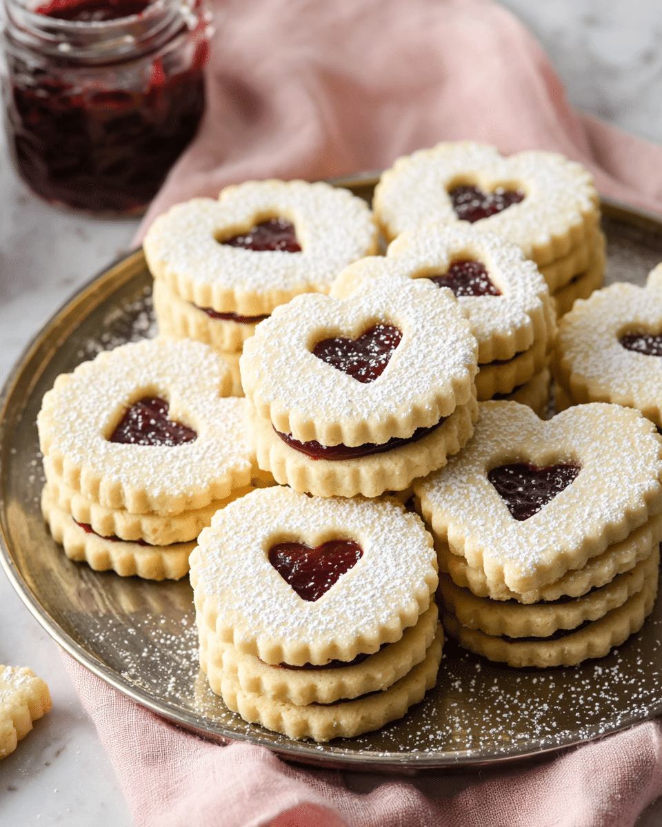 A round metal plate holds about a dozen sandwich cookies stacked in layers, each cookie having a light golden color with scalloped edges, dusted generously with white powdered sugar on top. Each cookie has two layers with a visible dark red jam filling peeking through a small heart-shaped hole in the top layer. The plate sits on a white marbled surface with a soft pink cloth partially under it and a jar of the same dark red jam nearby. Photo taken with an iphone --ar 4:5 --v 7
