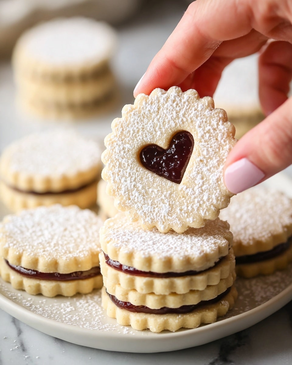 A woman's hand is holding a round sandwich cookie with scalloped edges, dusted with white powdered sugar. The cookie has two pale beige layers with a visible dark chocolate heart-shaped filling in the middle and a matching heart-shaped cutout on the top layer. The cookie is shown above a white plate filled with several identical cookies, all stacked neatly, resting on a white marbled surface. photo taken with an iphone --ar 4:5 --v 7