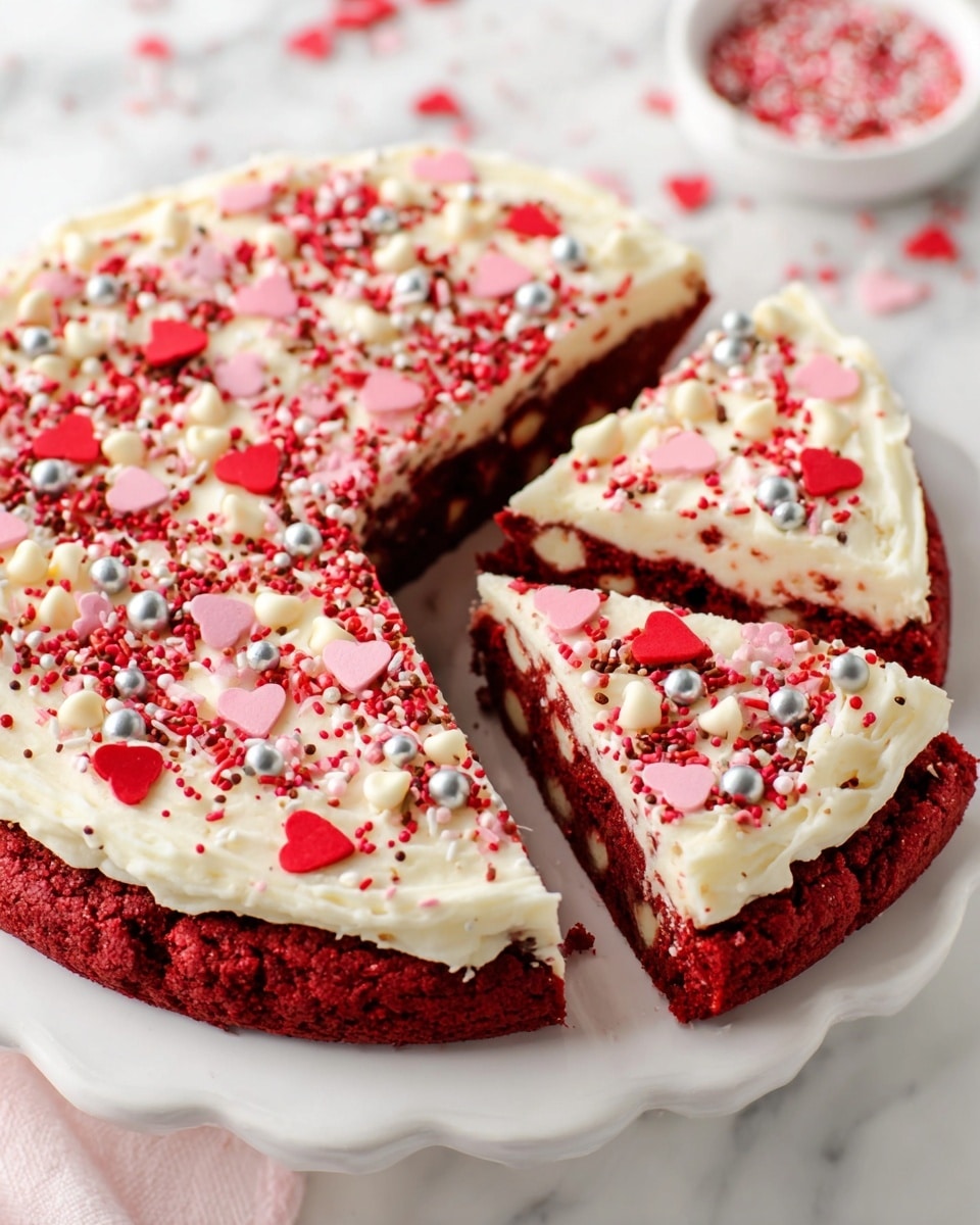 A red velvet cookie cake cut into slices sits on a white plate with a scalloped edge over a white marbled surface, showing a rich red base filled with white chocolate chips throughout the thick, soft-looking dough. Around the outer edge of the cookie cake is a thick ring of smooth, creamy white frosting decorated with red, pink, and white sprinkles, including small silver balls and heart-shaped sprinkles. A small bowl filled with the same colorful sprinkles is blurred in the background. The scene captures the vibrant colors and textures with a clear and close-up view. photo taken with an iphone --ar 4:5 --v 7