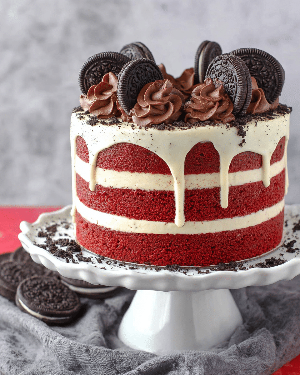 The cake is three layers tall, with bright red sponge cake layers alternating with thick, light brown cream layers. On top, a white creamy glaze drips softly down the sides, showing the layers below. The top is decorated with dark brown swirls of chocolate cream, each holding a whole Oreo cookie standing upright, and there are crushed Oreo crumbs scattered on top and around the edges. The cake sits on a shiny white pedestal cake stand, placed on a soft grey cloth with extra Oreo cookies nearby, all set against a white marbled texture background. photo taken with an iphone --ar 4:5 --v 7