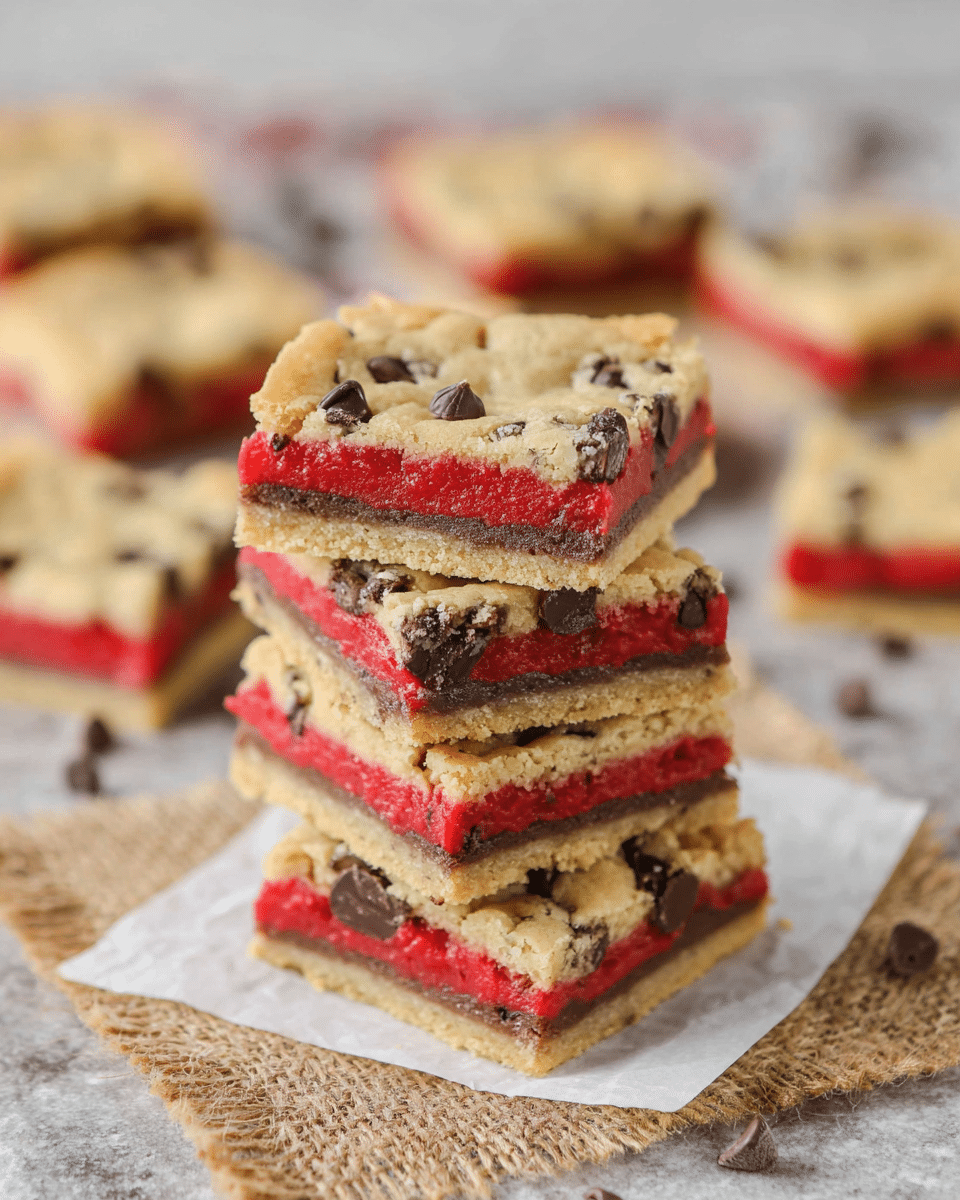 A stack of four square cookie bars is shown, each bar featuring three distinct layers. The top and bottom layers are light tan cookie dough with a crumbly, soft texture dotted with dark chocolate chips. The middle layer is a vibrant red color, smooth and thick, likely a creamy filling or frosting. The stack is placed on white parchment paper over red and beige cloths on a wooden surface, with a soft-focus background. The bars are well cut, showing clear separation between each layer. photo taken with an iphone --ar 4:5 --v 7