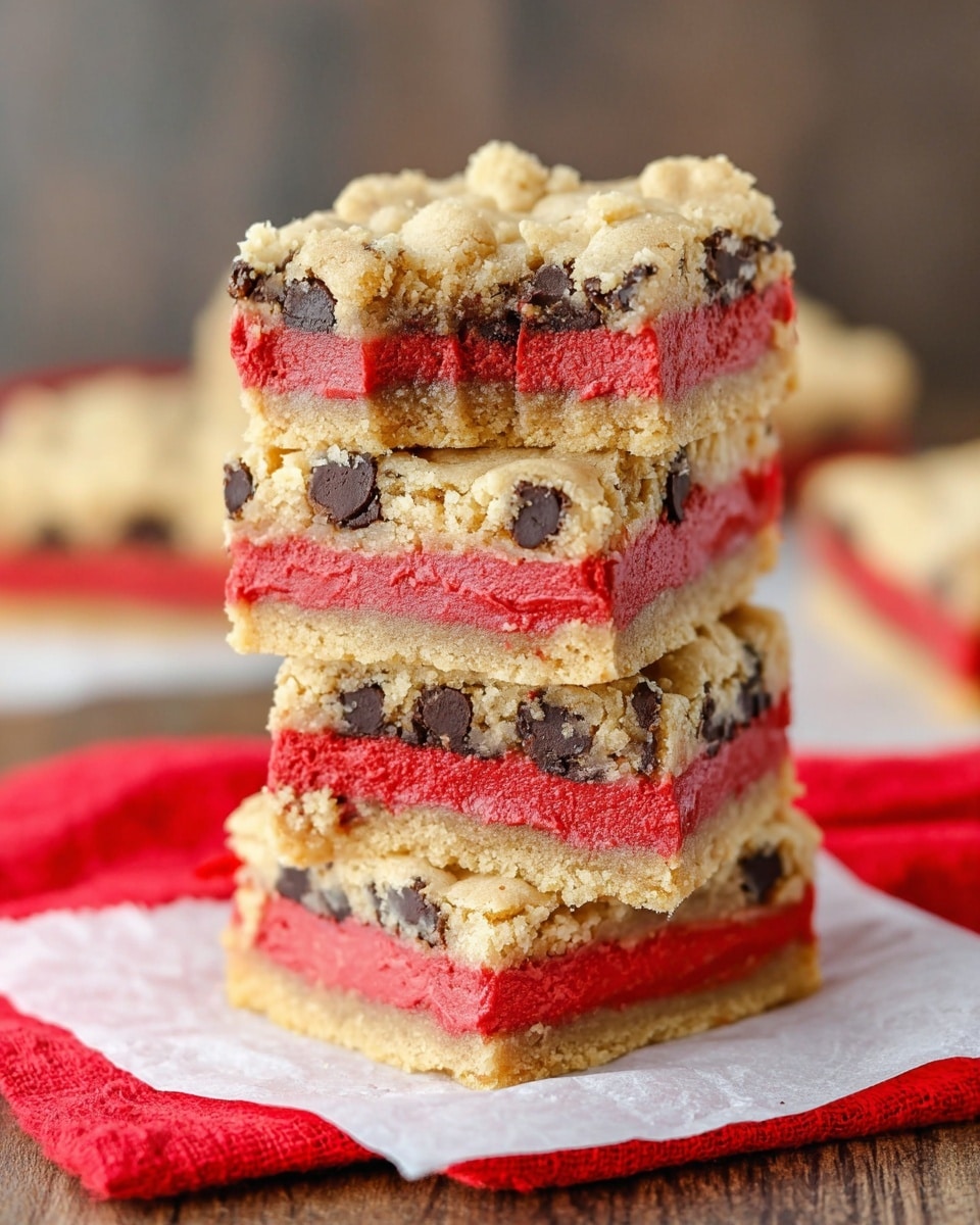 A stack of four square dessert bars is shown, each bar having three visible layers: the bottom and top layers are golden-brown cookie dough with a rough, slightly crumbly texture and studded with dark chocolate chips, while the middle layer is a bright red, smooth filling. The bars are placed on white parchment paper over a piece of coarse beige fabric on a white marbled surface. More similar bars are blurred in the background, and no hands are visible. photo taken with an iphone --ar 4:5 --v 7
