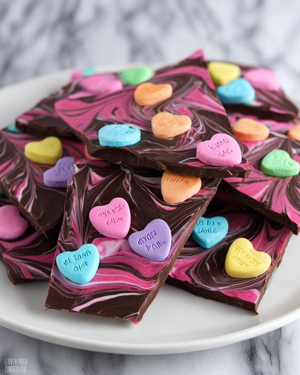 The image shows pieces of dark chocolate bark with pink and dark brown swirls on top, arranged in a neat pile on a white plate. Each piece is decorated with colorful candy hearts in pastel colors like blue, green, pink, yellow, and orange, each with small text phrases printed on them. The chocolate bark looks smooth and glossy, with thick layers clearly visible, and the varied candy hearts add a playful touch to the design. The background is a white marbled texture, helping the vibrant colors stand out. photo taken with an iphone --ar 4:5 --v 7