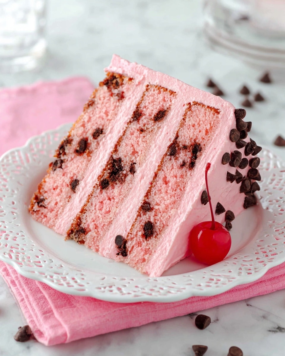 The image shows a three-layer pink cake slice on a white plate, each layer is light pink with small dark chocolate chips scattered throughout, separated by smooth pink frosting layers. The cake is topped with a soft pink frosting border and bright red cherries on top. The whole cake in the background is frosted with smooth pale pink icing, decorated with a band of small dark chocolate chips wrapped around its middle, and topped with pink frosting swirls and red cherries. The setting includes a white marbled surface with scattered chocolate chips, a fork on the plate, a stack of pink napkins beneath the plate, and a red cloth in the background. photo taken with an iphone --ar 4:5 --v 7
