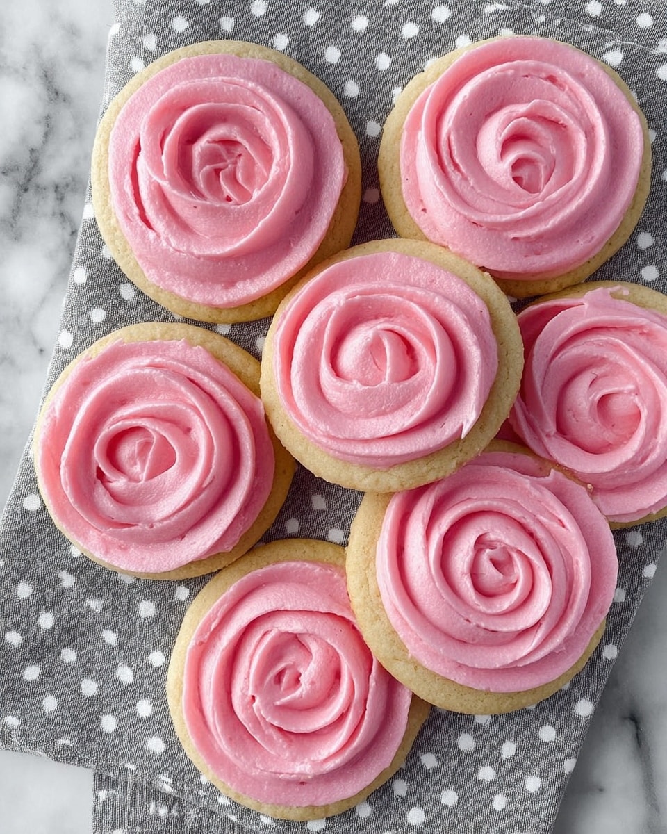 Six round sugar cookies with a visible light brown base layer, each topped with one thick layer of pink frosting swirled in a rose pattern from the center outward. The cookies are arranged closely together on a gray cloth with white polka dots, which rests on a white marbled surface. The texture of the frosting looks smooth and creamy with small ripples in the swirls. Photo taken with an iphone --ar 4:5 --v 7
