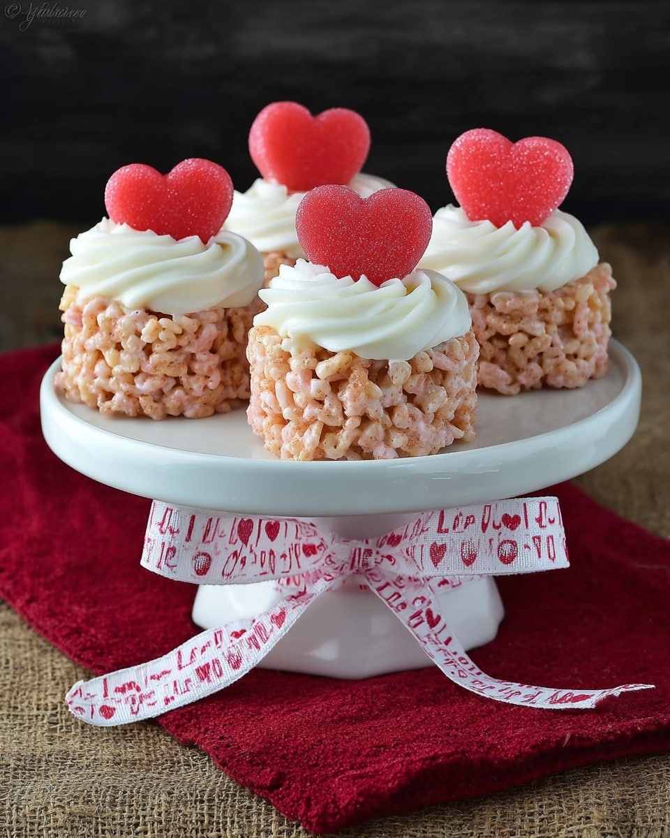 Four small round treats made of pinkish rice cereal form the bottom layer, each topped with a smooth swirl of white frosting. On top of the frosting, there is a bright red heart-shaped candy, slightly shiny and sugar-coated. These treats sit on a white cake stand wrapped with a white ribbon printed with red and pink love words and hearts. The cake stand is placed on a red cloth over a rough textured brown fabric, all set against a dark blurred background. The photo taken with an iphone --ar 4:5 --v 7
