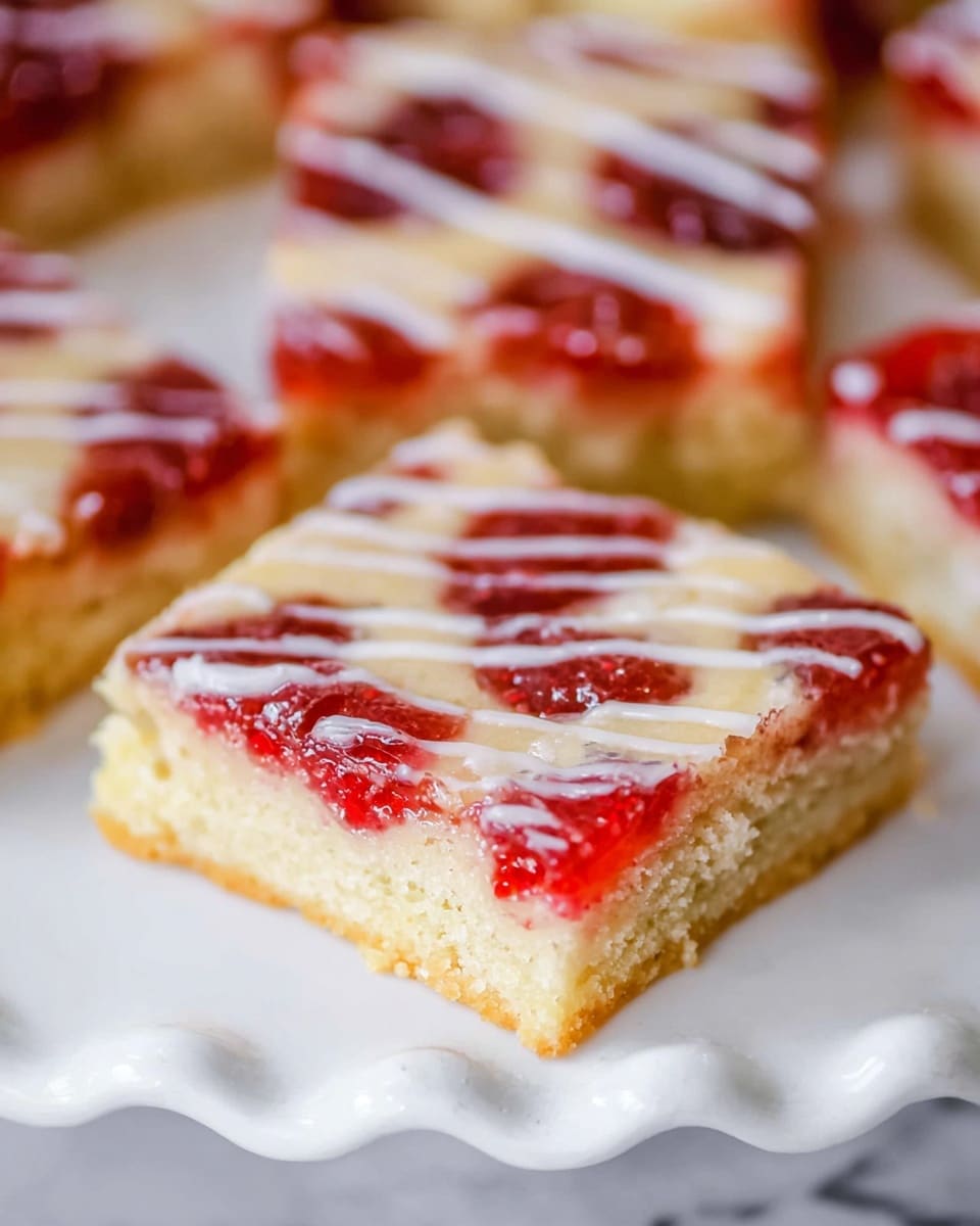 The image shows a close-up of a square piece of dessert with three clear layers stacked on a white plate with a wavy edge over a white marbled surface. The bottom layer is light golden, smooth, and looks like a baked cake or shortbread. The middle layer is bright red and shiny, filled with small round fruit pieces and jelly-like texture. The top layer is pale and creamy with irregular white icing drizzled in thin stripes unevenly across the surface. Other similar square pieces are blurred in the background. photo taken with an iphone --ar 4:5 --v 7