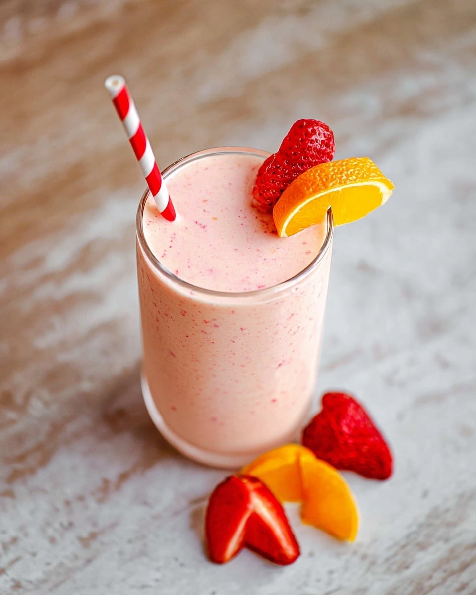 A glass filled with a light pink smoothie that has a smooth and creamy texture, showing tiny red specks throughout. The top is decorated with a slice of red strawberry and a small bright orange wedge placed side by side on the rim. A red and white striped straw sticks out from the smoothie at an angle. Around the base of the glass, there are two strawberry halves and two small orange segments arranged casually on a white marbled texture. photo taken with an iphone --ar 4:5 --v 7