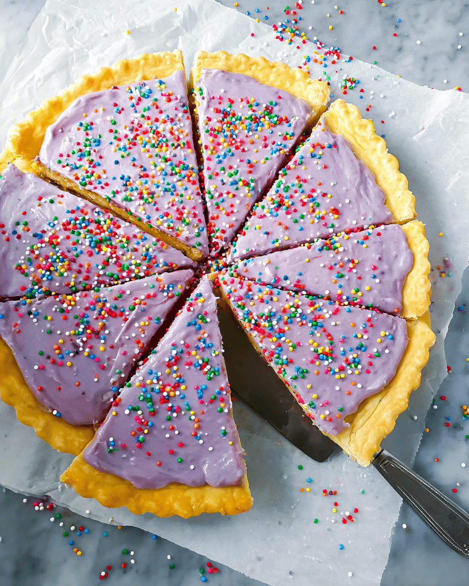 A round pie cut into seven slices with a thick crust that is golden yellow and crimped around the edges, topped with a smooth layer of light purple frosting sprinkled evenly with colorful rainbow sprinkles in red, white, green, blue, orange, and yellow. The pie sits on white parchment paper on a white marbled surface, with some sprinkles scattered around. A pie server with a black handle is partially under one slice. photo taken with an iphone --ar 4:5 --v 7