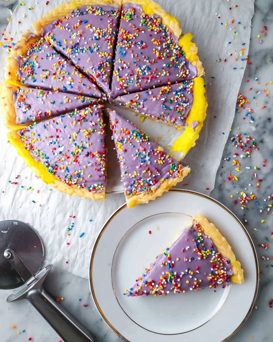 A bright yellow pie with a thick crust forms the base layer, topped with a smooth layer of purple icing that covers the entire pie surface, sprinkled generously with small, colorful candy sprinkles in red, green, blue, white, yellow, and orange. The pie is sliced into six pieces, with one triangular slice placed on a white plate with a simple gold rim near the center bottom of the image. The pie rests on white parchment paper over a white marbled textured surface, surrounded by scattered sprinkles and a pizza cutter with a black handle lying beside it. Photo taken with an iphone --ar 4:5 --v 7