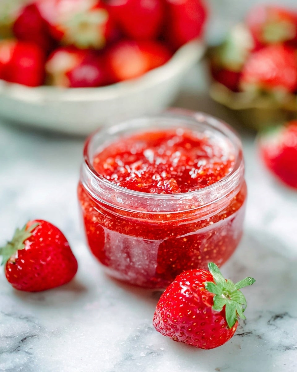 A small clear glass jar filled to the top with chunky, bright red strawberry jam with visible bits of fruit inside, sitting on a white marbled surface. Around the jar lie three fresh strawberries with green leaves attached, showing their glossy, textured red skin. In the blurred background, a white bowl holds more strawberries, some whole and some cut in half, with rich red color and natural shine. The overall scene is bright and fresh, highlighting the strawberry theme. photo taken with an iphone --ar 4:5 --v 7