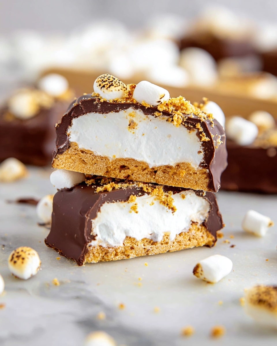 The image shows a close-up of a dessert bar cut in half and stacked, with the top piece slightly tilted. The dessert has three main layers: a thin, smooth, dark brown chocolate outer shell on top and bottom, a thick, soft, white marshmallow filling in the middle, and small golden brown crumbs sprinkled on top. There are tiny white marshmallows scattered on and around the bars, along with some crumb pieces. The dessert is placed on a white marbled surface with a blurry white background. photo taken with an iphone --ar 4:5 --v 7