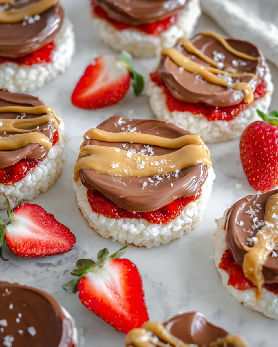 The image shows multiple round rice cakes placed on a white marbled surface, each topped with three layers: a bottom white puffed rice cake, a layer of red strawberry spread, then a drizzle of light golden peanut butter, and finally a thick, smooth layer of glossy milk chocolate spread with a slight swirl texture. Some plates appear with a light sprinkling of coarse salt on the chocolate. Bright red strawberries with green leaves are scattered around the rice cakes, adding a fresh and colorful touch. photo taken with an iphone --ar 4:5 --v 7